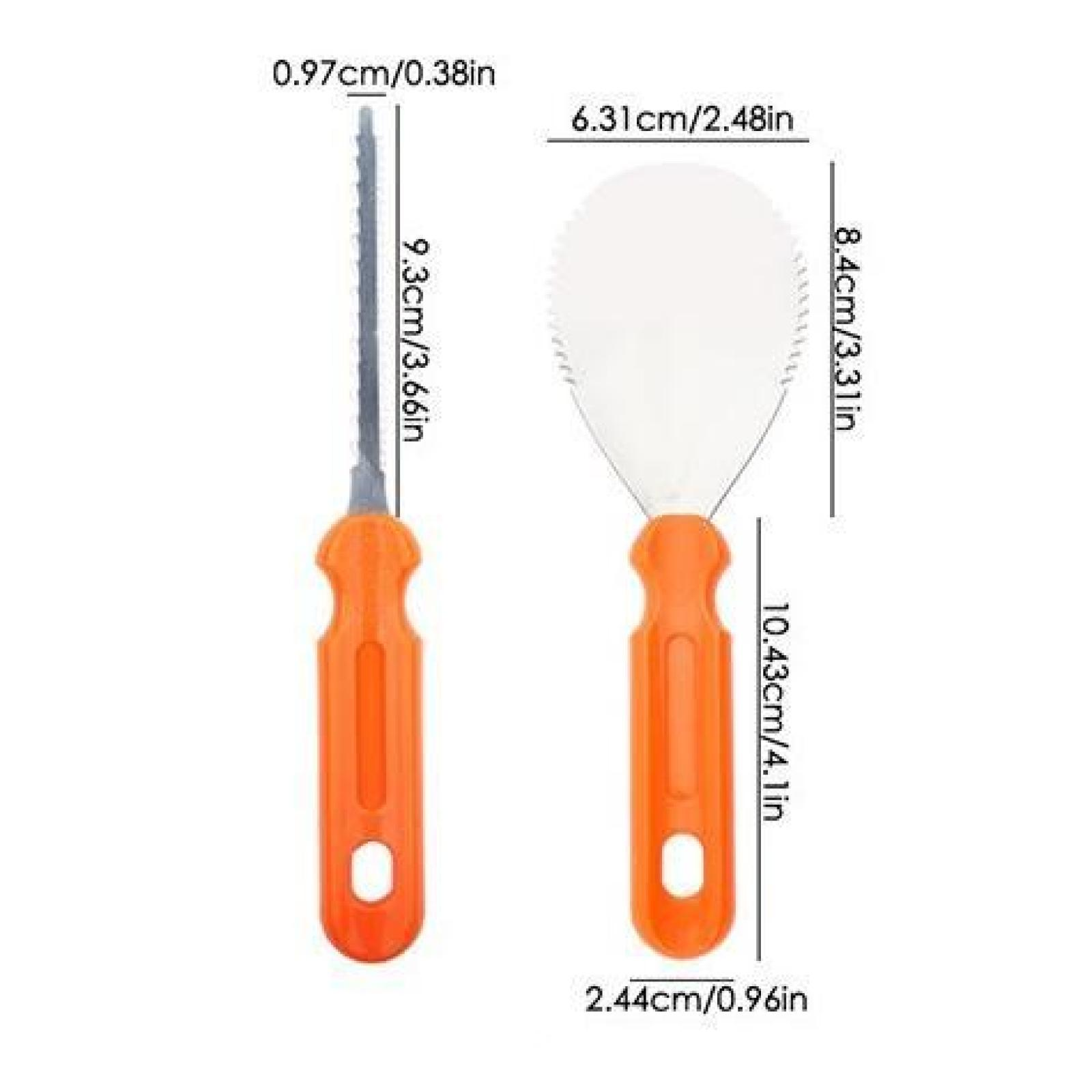 Zwei Werkzeuge mit orangefarbenen Griffen und Maßen. Eines ist gezahnt, das andere hat eine gebogene Klinge. Beides weißer Hintergrund.