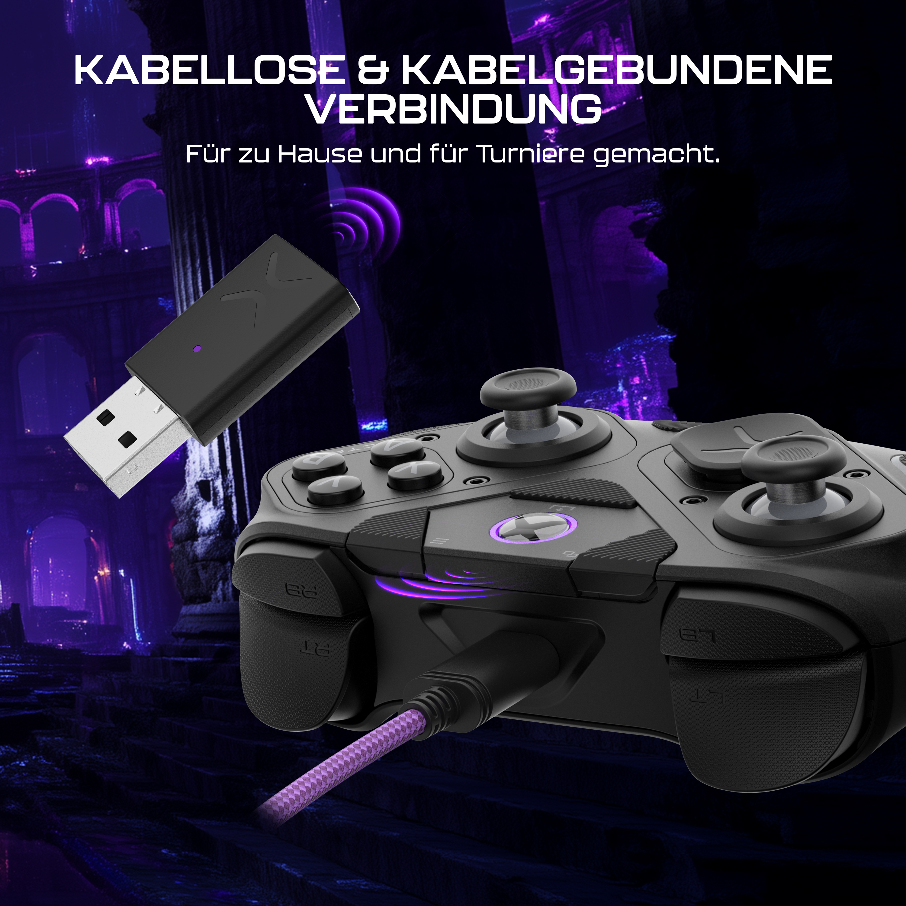 Ein schwarzer Gamecontroller mit lila Kabel und USB-Dongle. Im Hintergrund eine lila, futuristische Stadt.
