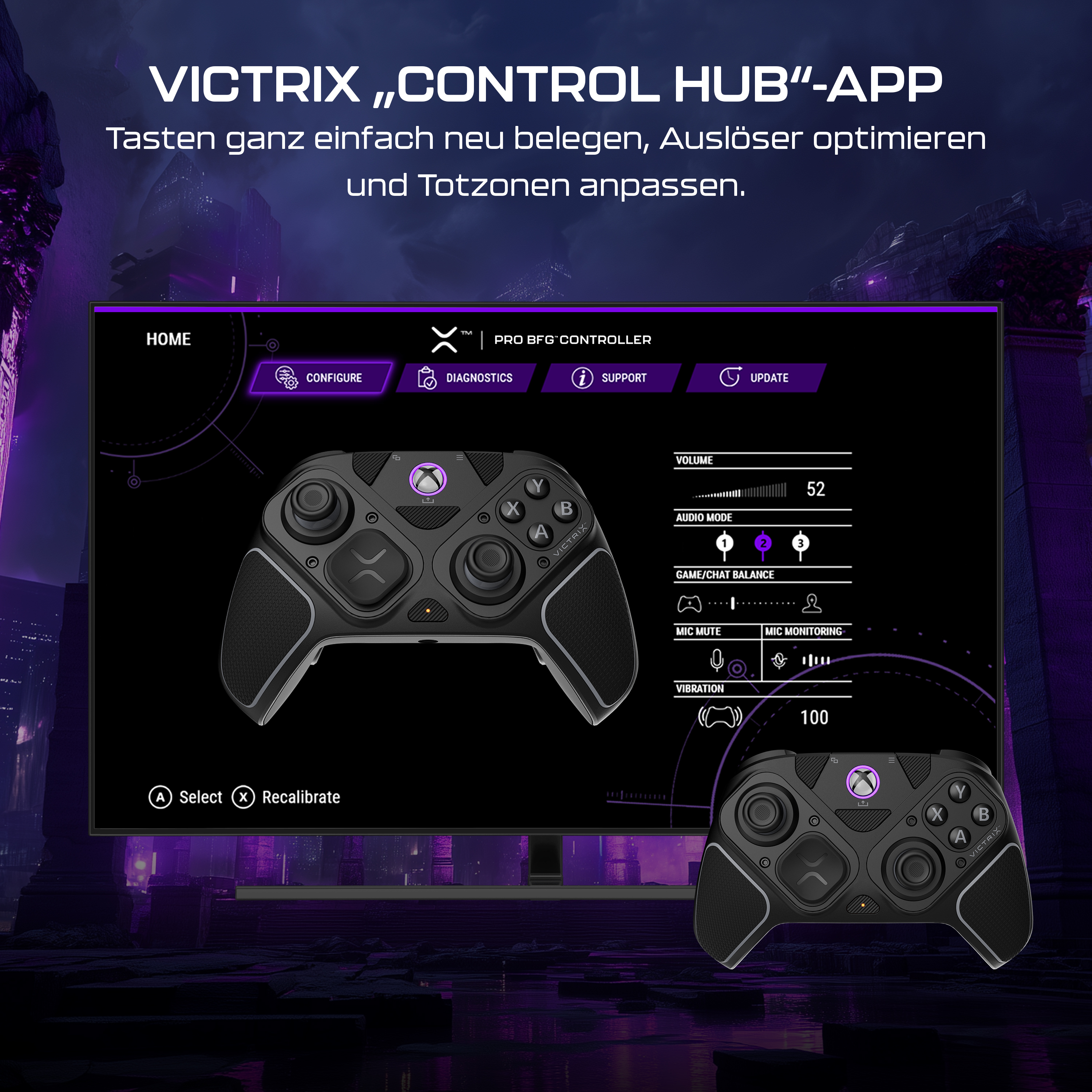 Controller mit Einstellungen auf dem Bildschirm. Dunkler Hintergrund mit Text und lila Akzenten.