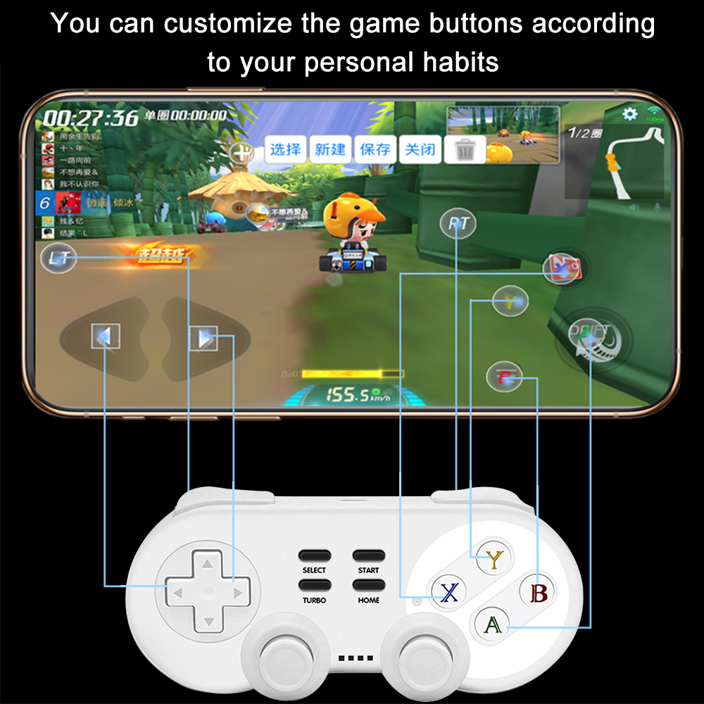 Ein Telefon, das ein Rennspiel anzeigt, ist mit einem weißen Controller verbunden, mit überlagerten Spielsteuerungen.