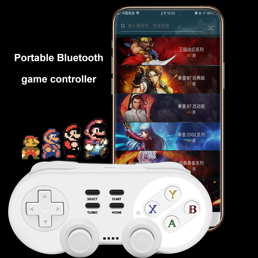 Weißer Gamecontroller mit Knöpfen, ein Telefon mit Spielmenü und pixelige Mario-Charaktere. Text lautet "Tragbarer Bluetooth-Gamecontroller".