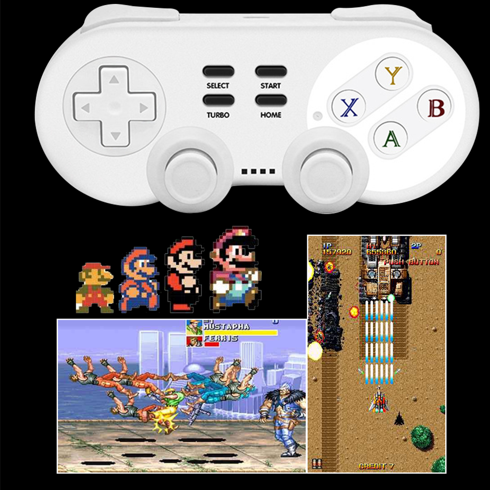 Das Bild zeigt einen weißen Gamecontroller, pixelige Mario-Charaktere und Screenshots von klassischen Arcade-Spielen mit Action-Szenen.