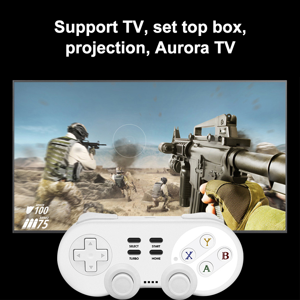 Ein weißer Gamecontroller unter einem Bildschirm, der ein Ego-Shooter-Spiel zeigt. Text oben: 'Unterstützung TV, Set-Top-Box...'
