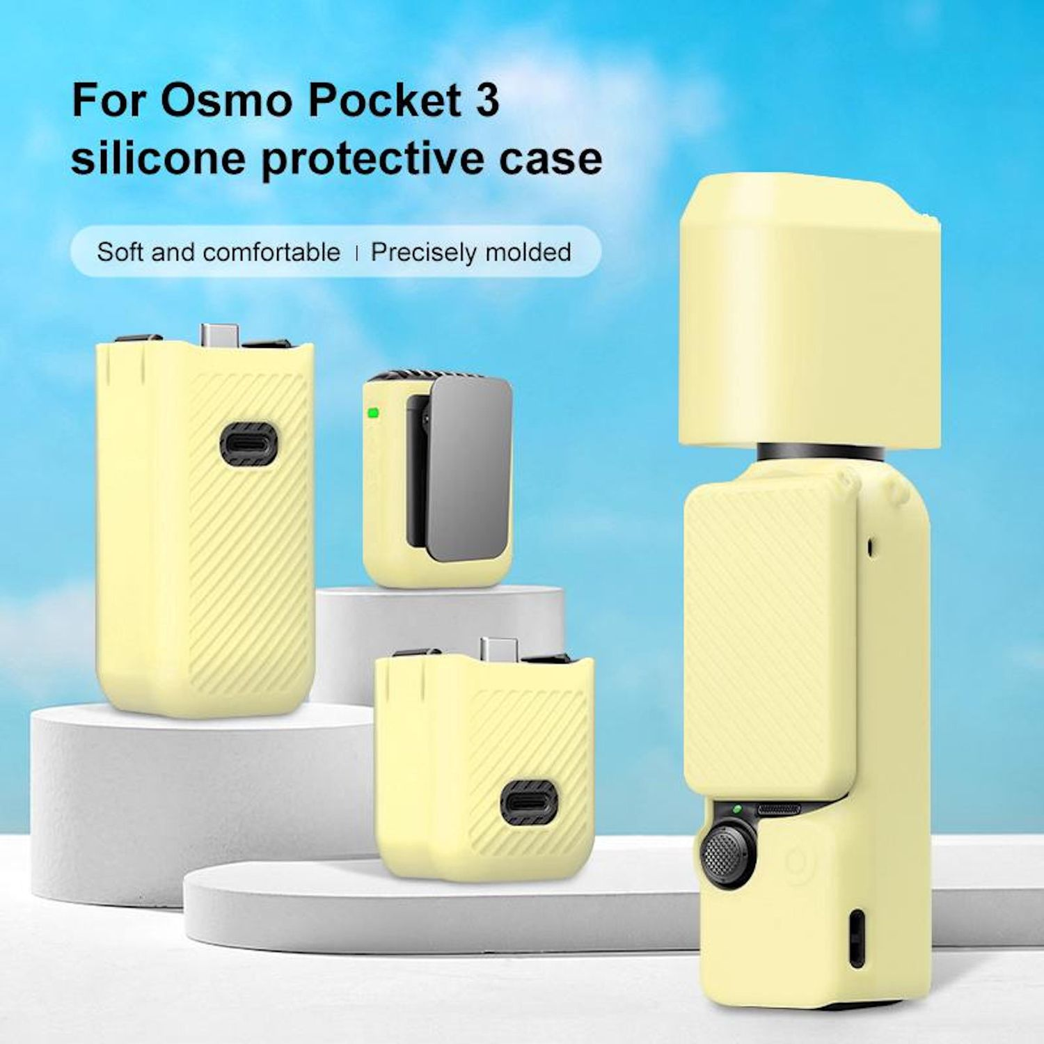 Custodie protettive in silicone giallo per Osmo Pocket 3. Custodie su piattaforme bianche. Sfondo cielo blu.