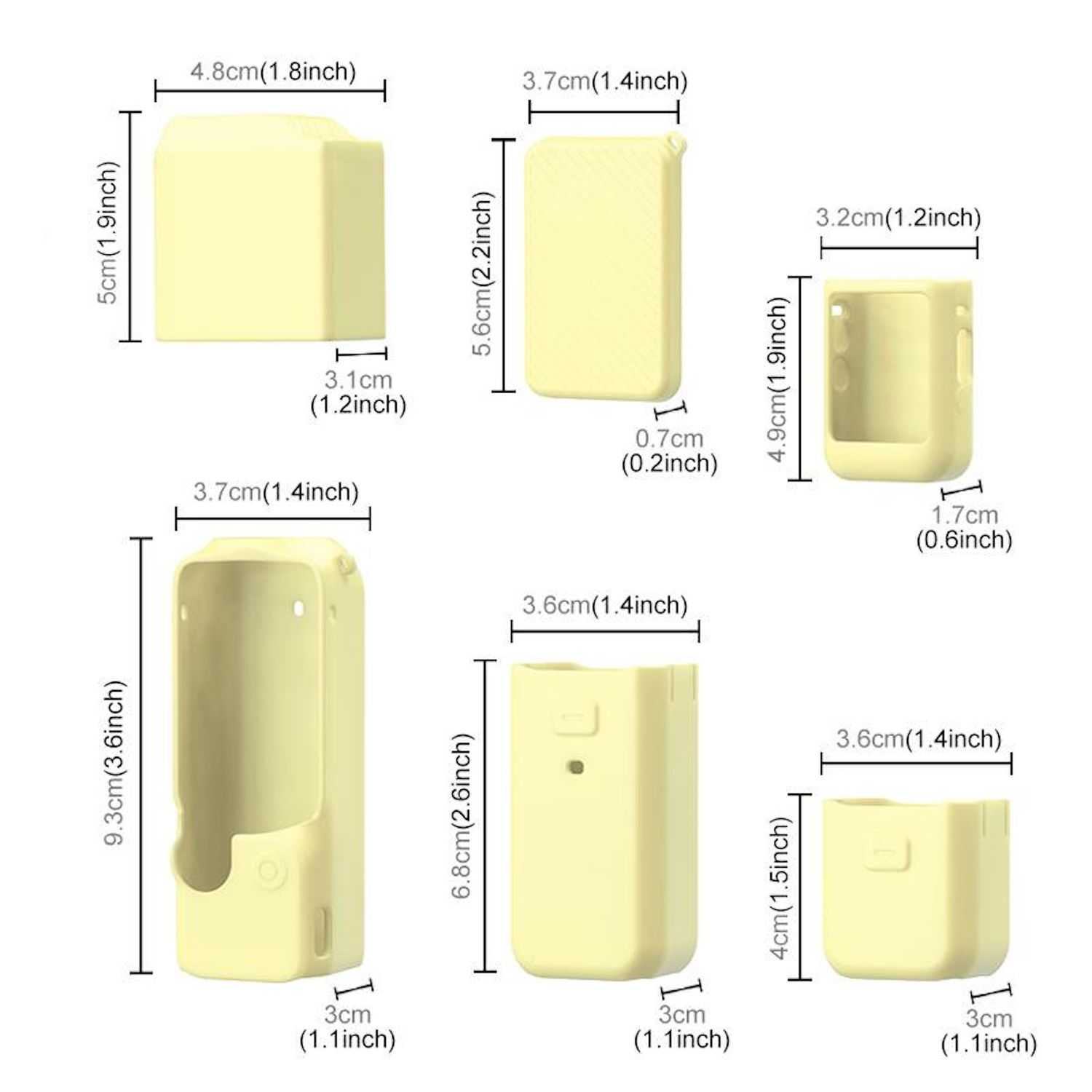 L'immagine mostra diversi oggetti rettangolari giallo pallido con dimensioni, probabilmente componenti del prodotto.