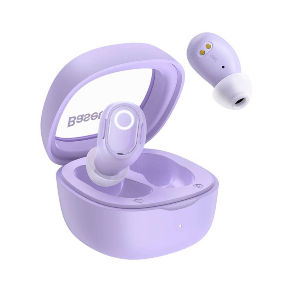 Una custodia di ricarica per auricolari viola con coperchio aperto, che rivela un auricolare all'interno. Un altro auricolare fluttua nelle vicinanze. Sfondo bianco.