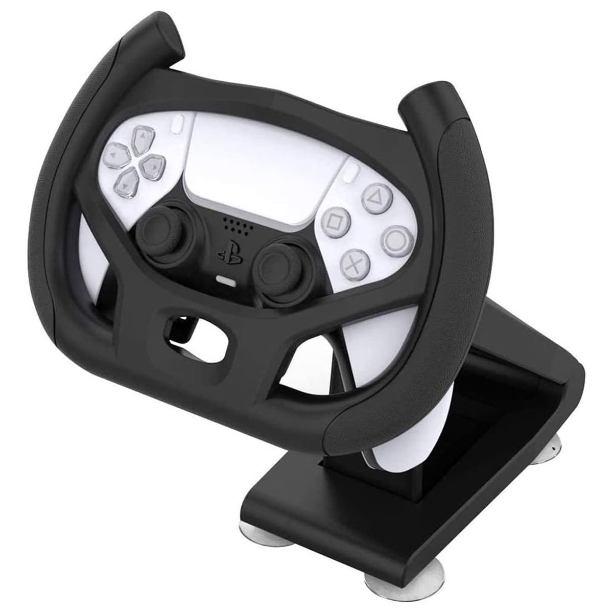 Schwarzes Lenkradaufsatz für einen weißen PS5-Controller, auf einem schwarzen Ständer mit Saugnäpfen. Tasten sind sichtbar.