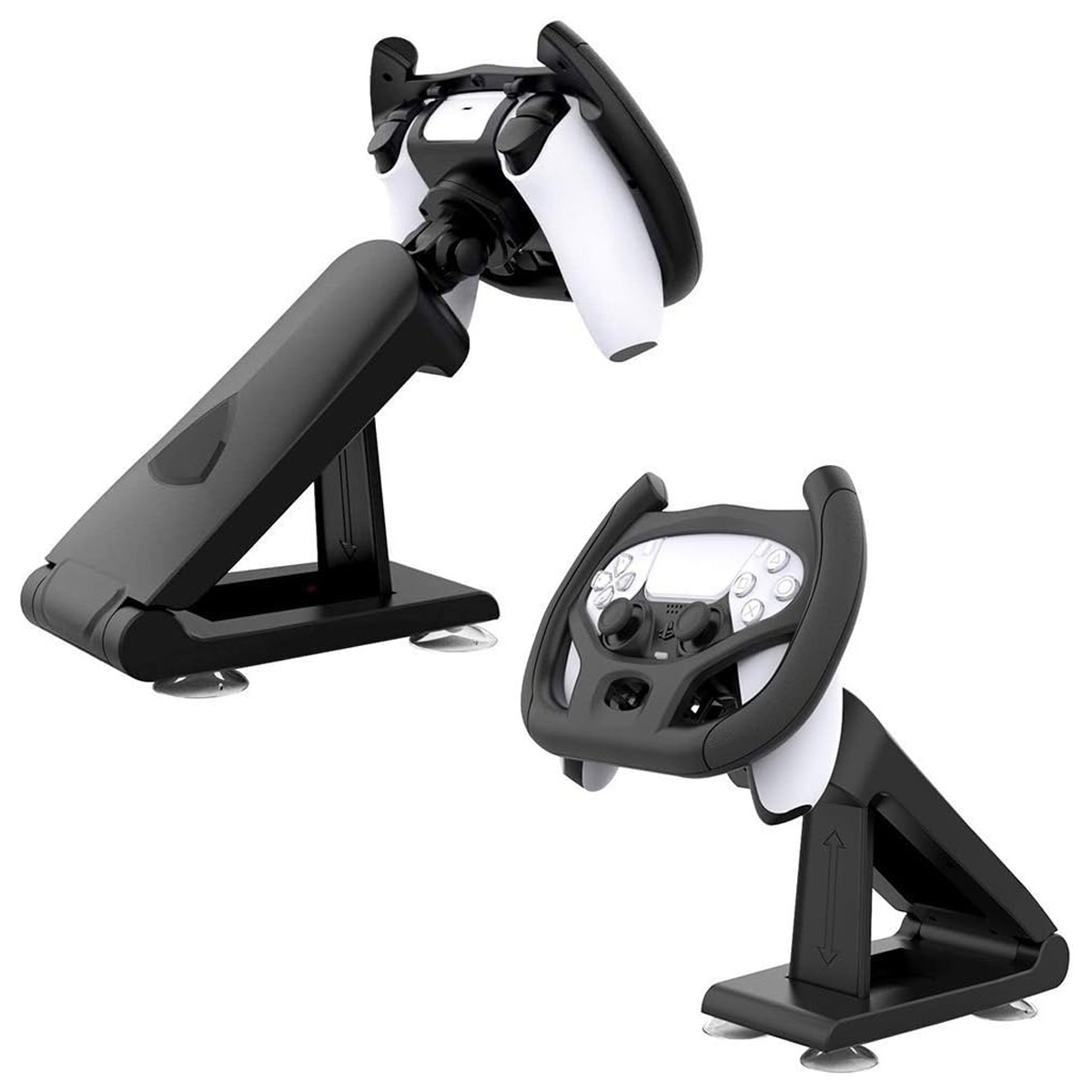 Zwei schwarz-weiße Controller-Ständer. Einer hält einen Controller, der andere hat eine Lenkradform.