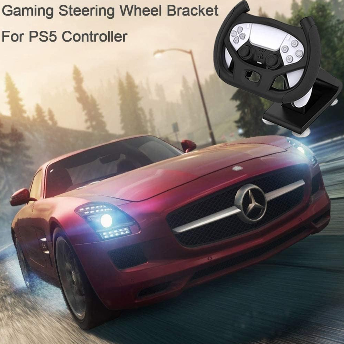 Ein roter Sportwagen mit einer Gaming-Lenkradhalterung für einen PS5-Controller wird gezeigt.