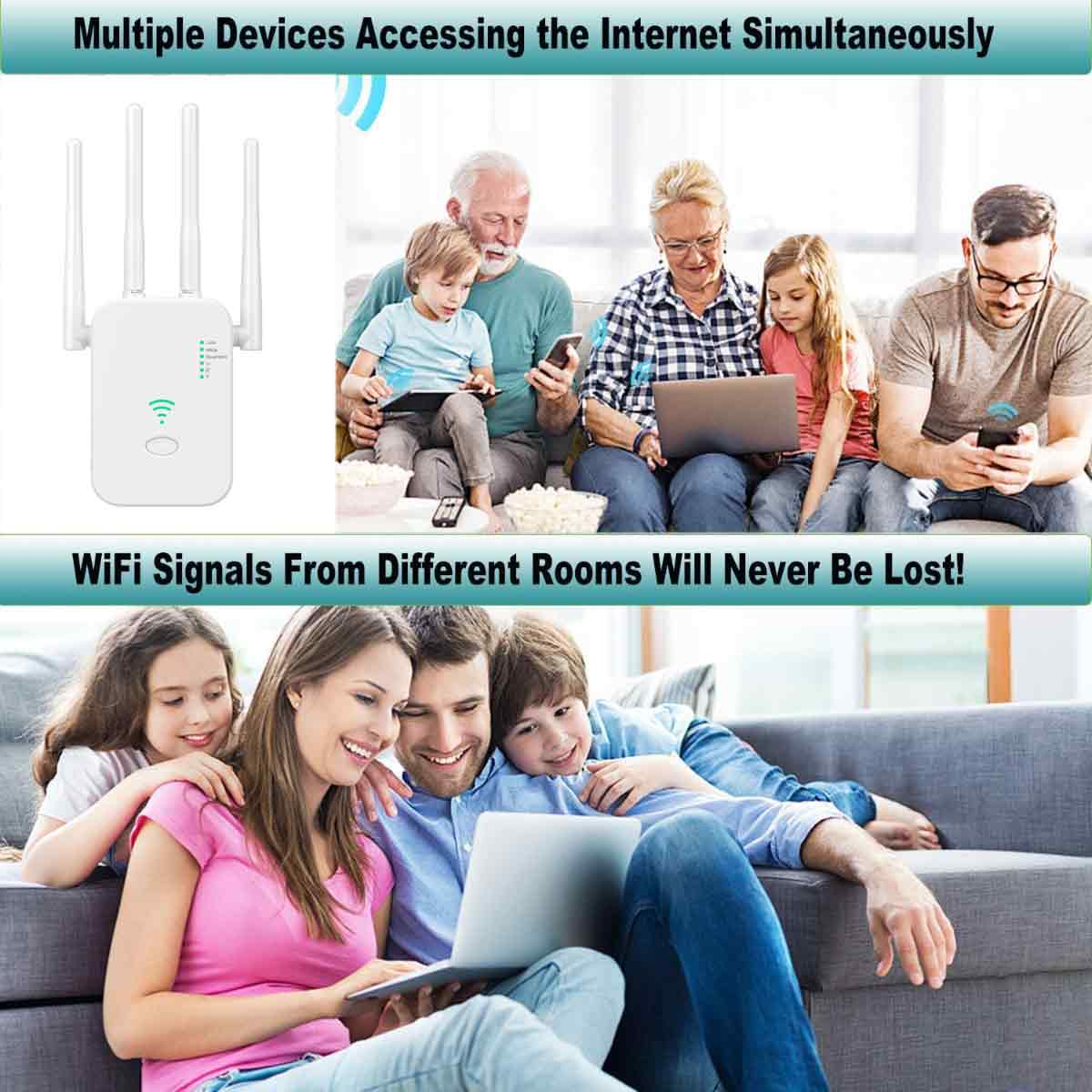 Eine Familie nutzt Geräte, die mit einem WLAN-Extender verbunden sind. Das Bild zeigt Personen, die Telefone und einen Laptop benutzen, und einen WLAN-Extender.