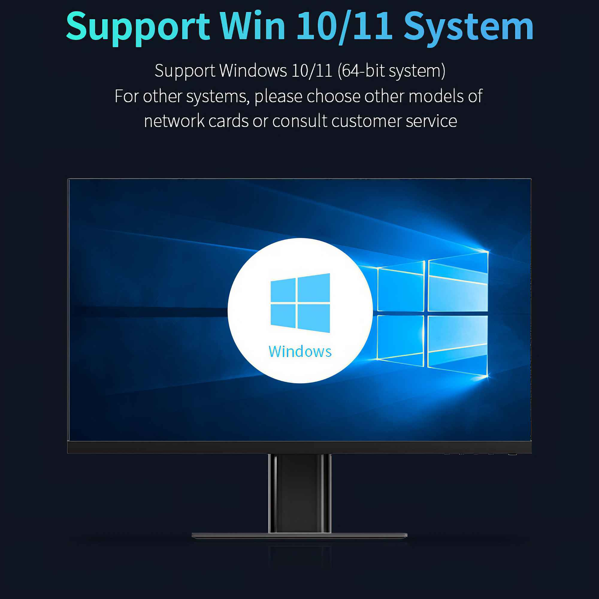 Monitor mit Windows-Logo. Text lautet 'Support Win 10/11 System'.