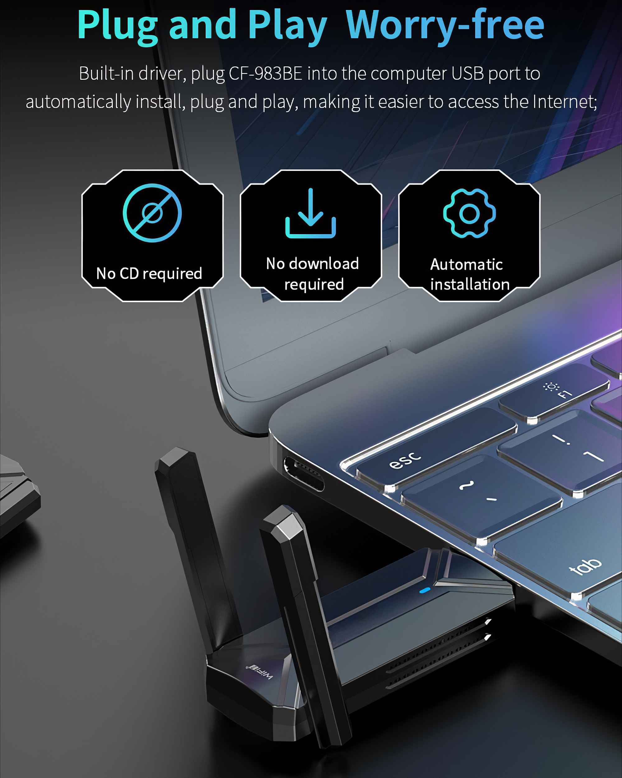 Das Bild zeigt einen schwarzen Wi-Fi-Adapter neben einem Laptop. Text sagt 'Plug and Play'.