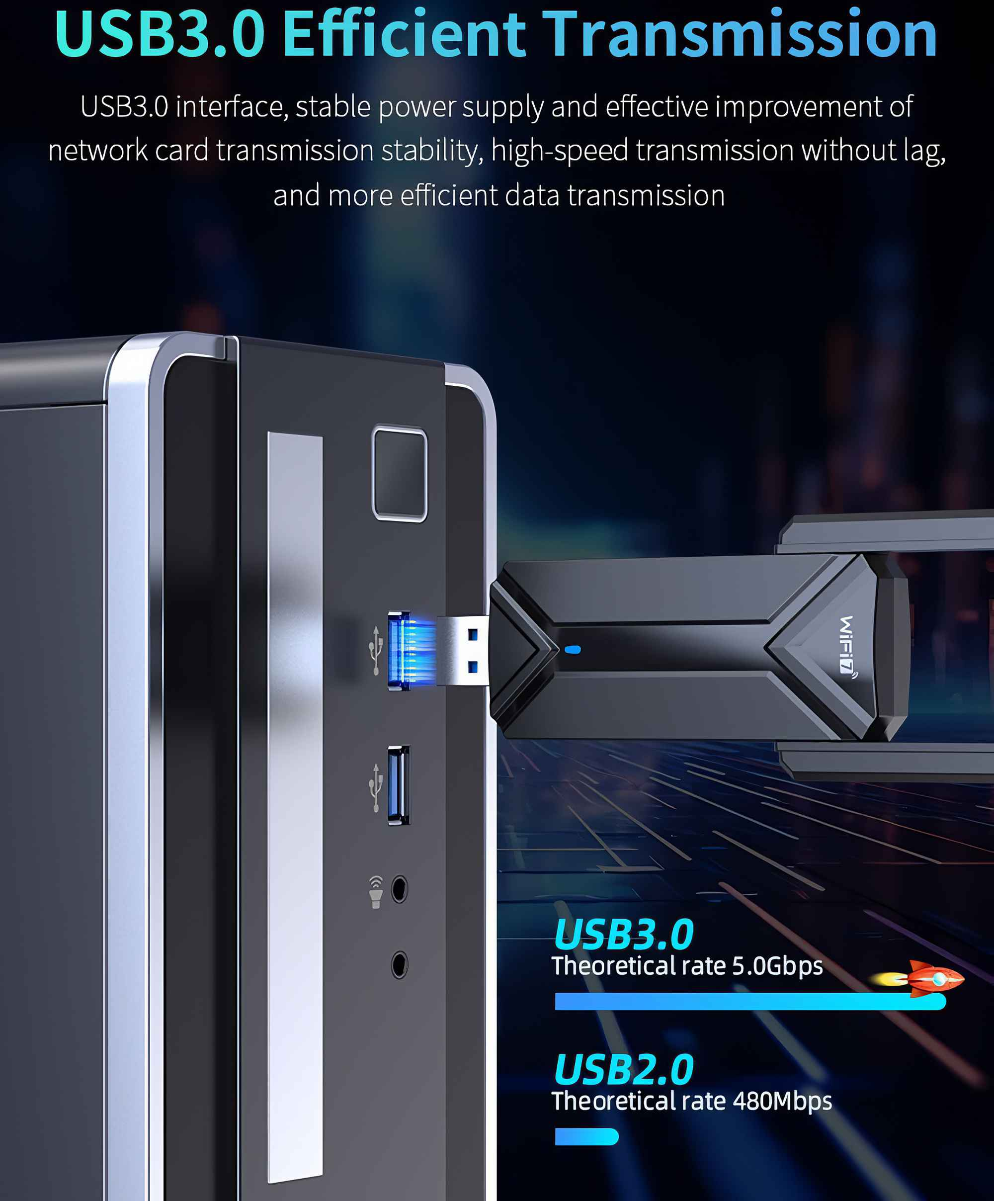 Ein schwarzer PC-Turm mit einem eingesteckten USB-Gerät und einem WiFi-Adapter.