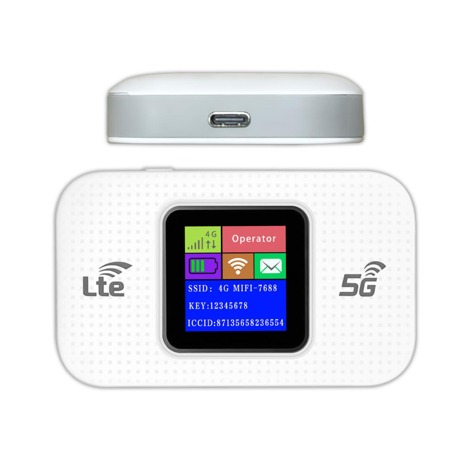 Weißer 4G/5G-Mobilrouter. Er hat einen Bildschirm mit Signal-, Akku- und Netzwerkinformationen. Ein separater oberer Teil ist darüber.