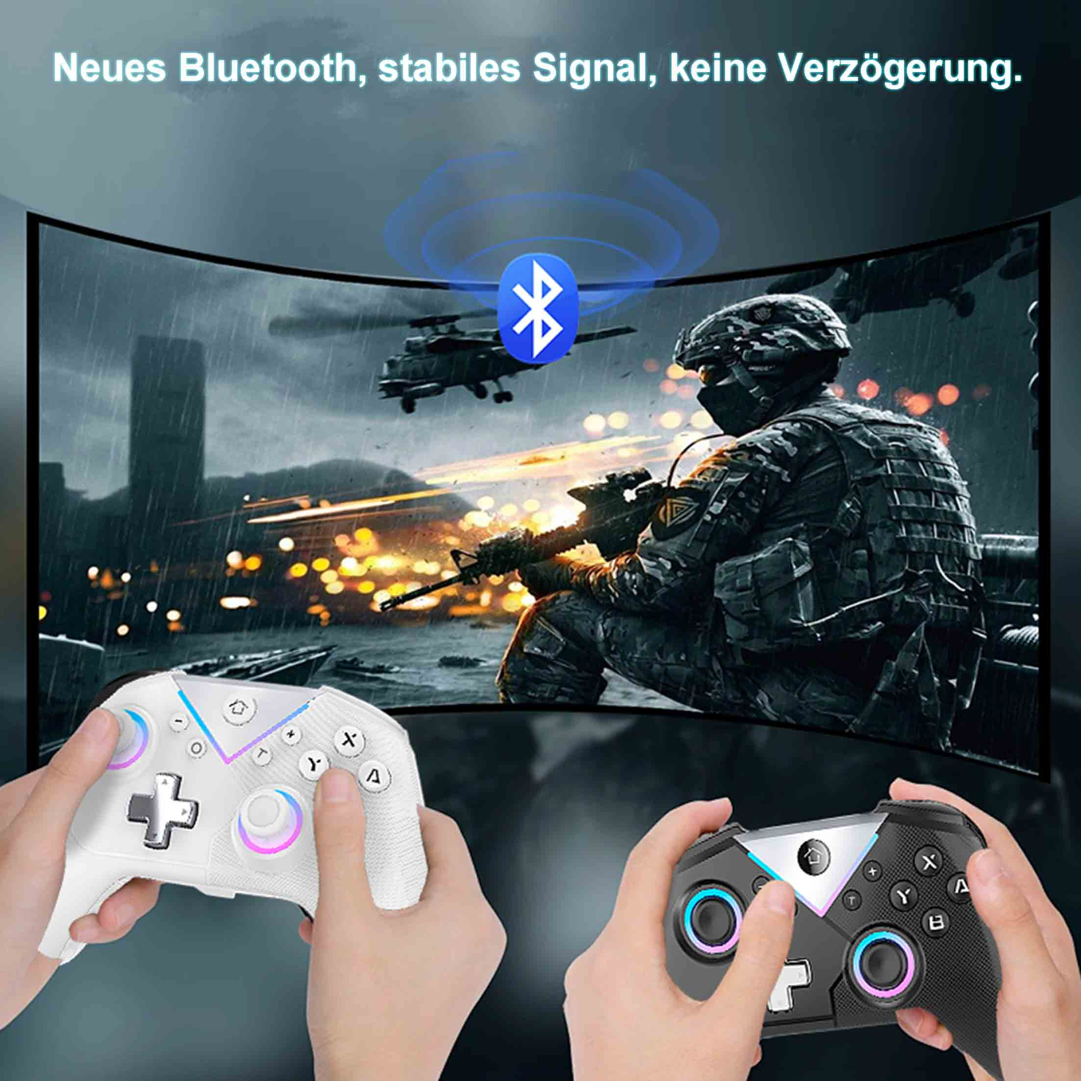 Hände halten Gamecontroller, einen weißen und einen schwarzen. Ein Bildschirm zeigt einen Soldaten im Kampf.
