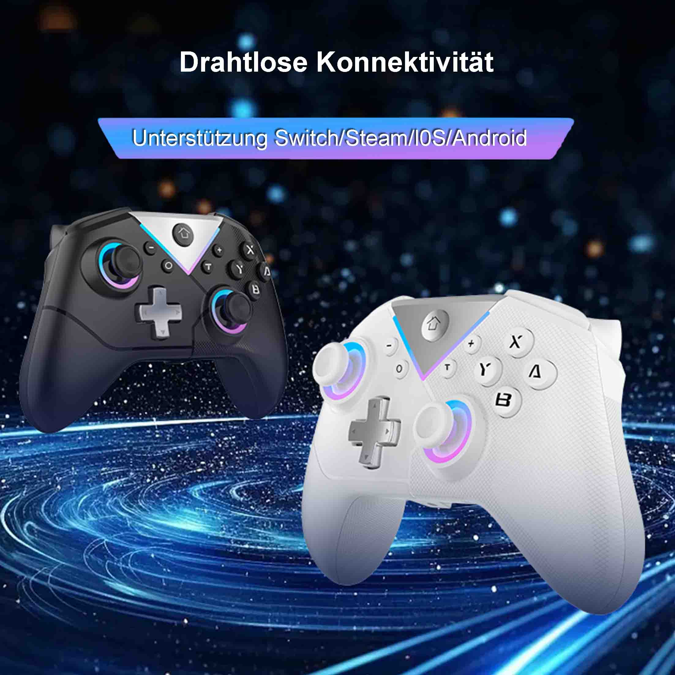 Zwei Gamecontroller, einer schwarz und einer weiß, mit leuchtenden Akzenten, vor blauem, wirbelndem Hintergrund.