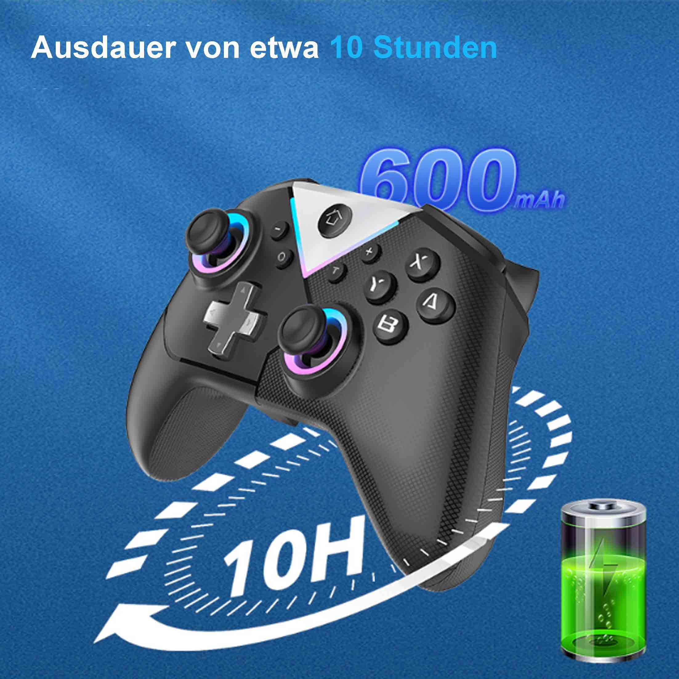 Schwarzer Gamecontroller mit blauen und pinkfarbenen Akzenten, 600 mAh Akku und 10 Stunden Nutzungsdauer, auf blauem Hintergrund.