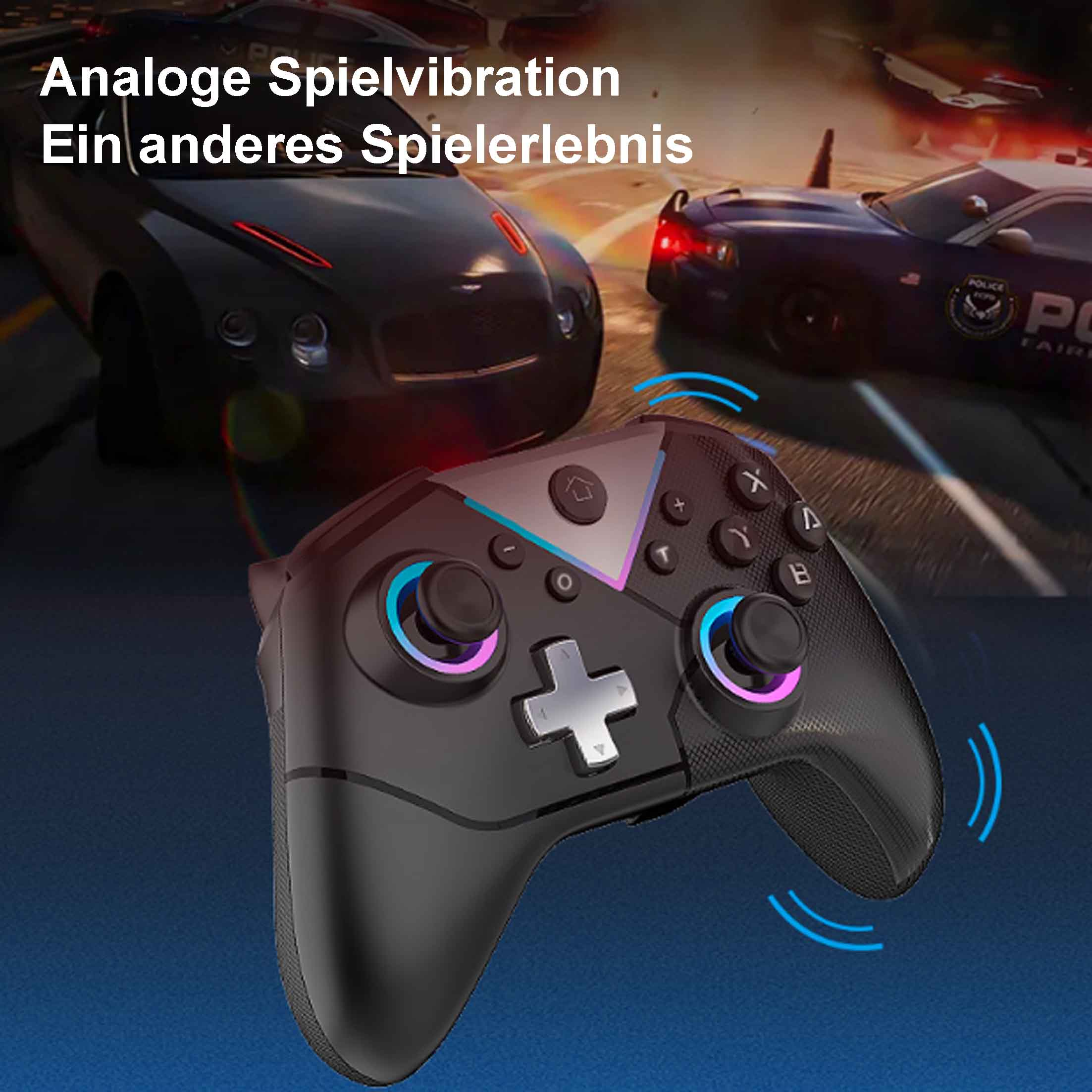 Ein schwarzer Gamecontroller mit leuchtenden Tasten vor dem Hintergrund von Rennwagen.