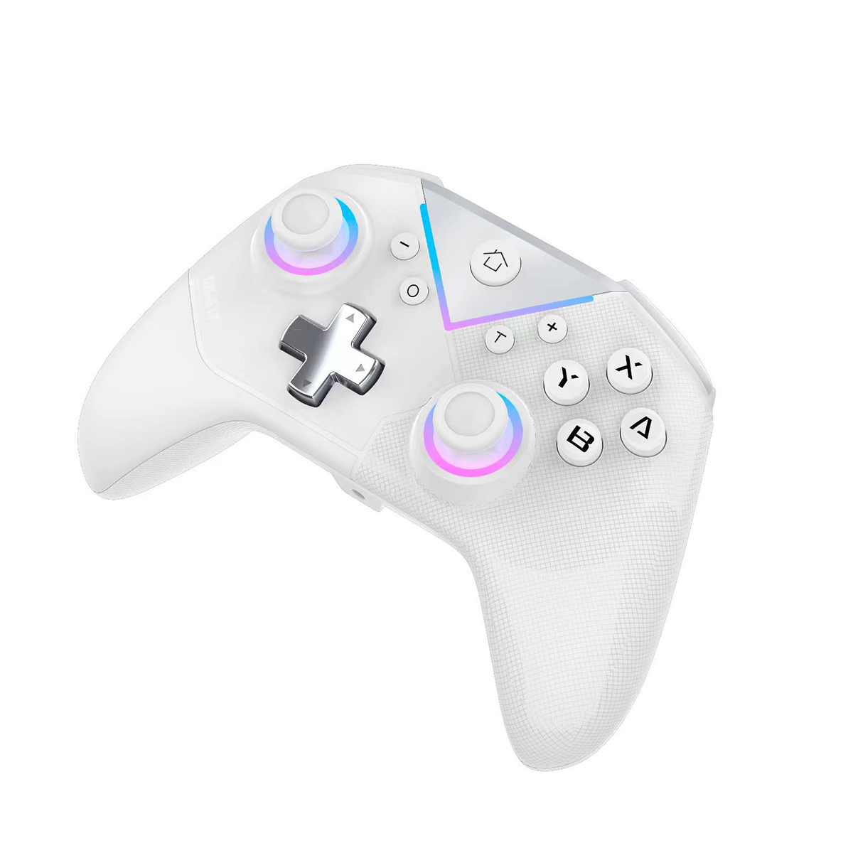 Ein weißer Gaming-Controller mit mehreren Tasten und Joysticks. Die Joysticks haben bunte Lichter. Der Controller ist vor weißem Hintergrund.