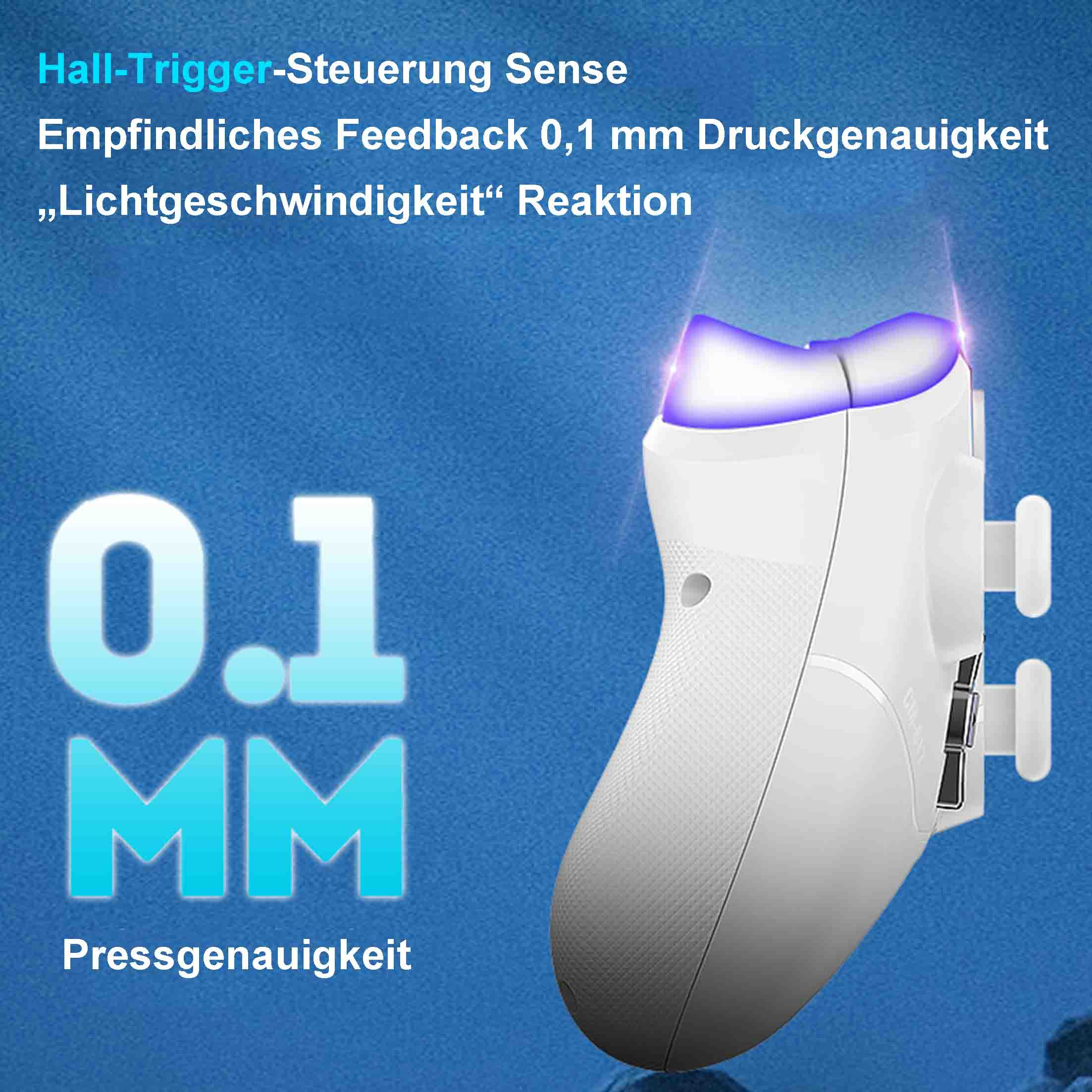 Weißer Gaming-Controller auf blauem Hintergrund, mit Text und Zahlen, die Präzision und Geschwindigkeit anzeigen.