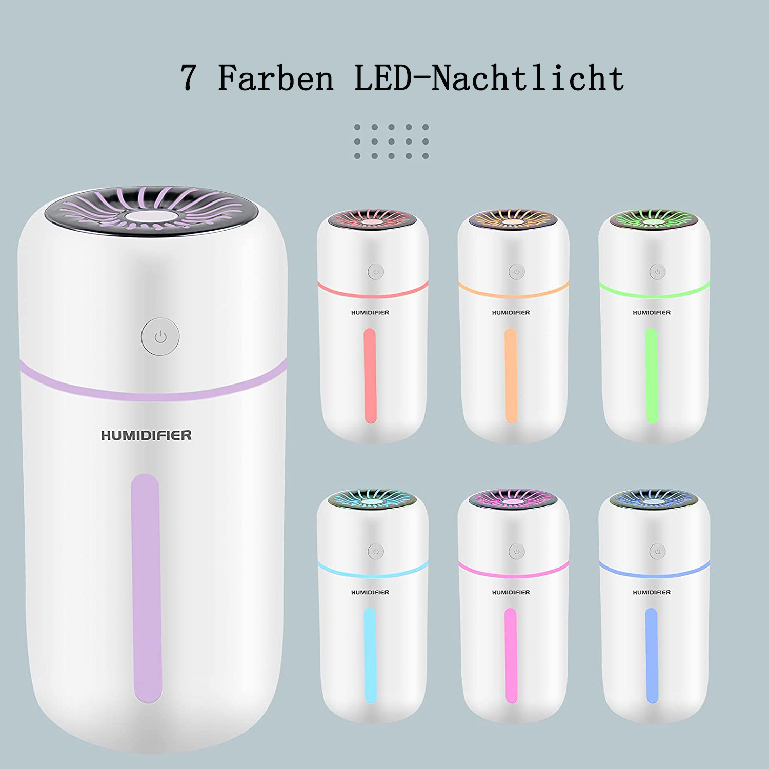 Das Bild zeigt einen weißen Luftbefeuchter mit sieben LED-Farboptionen. Der Text lautet '7 Farben LED-Nachtlicht' und 'HUMIDIFIER'.