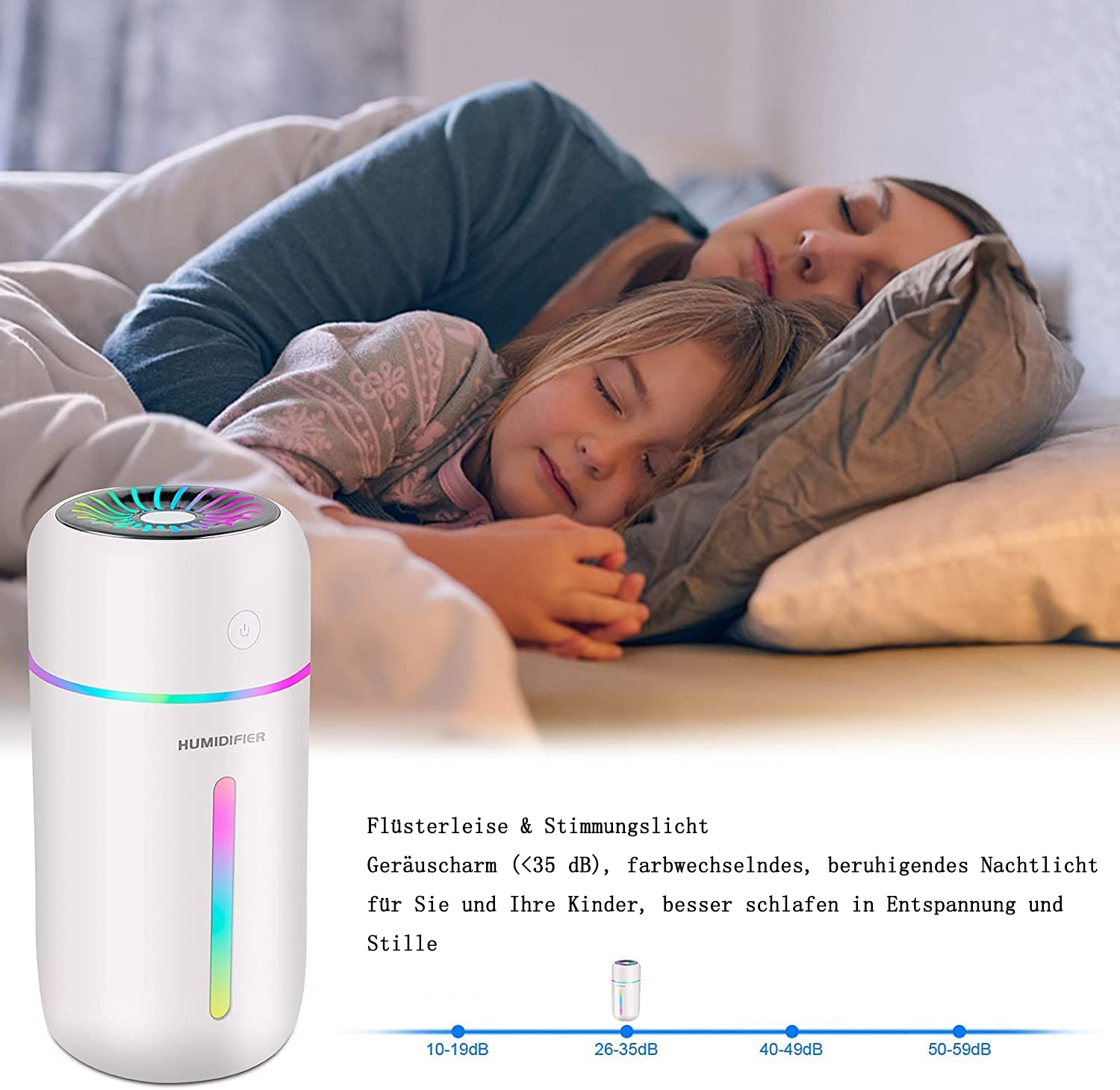 Eine Frau und ein Kind schlafen im Bett. Ein Luftbefeuchter befindet sich im Vordergrund. Text auf Deutsch beschreibt Produktmerkmale.