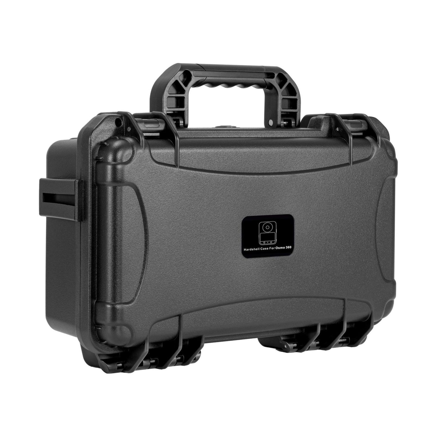Ein schwarzer Hartschalenkoffer mit Griff. Er hat Verschlüsse und ein Logo mit der Aufschrift 'Hardshell Case For Osmo 360'.
