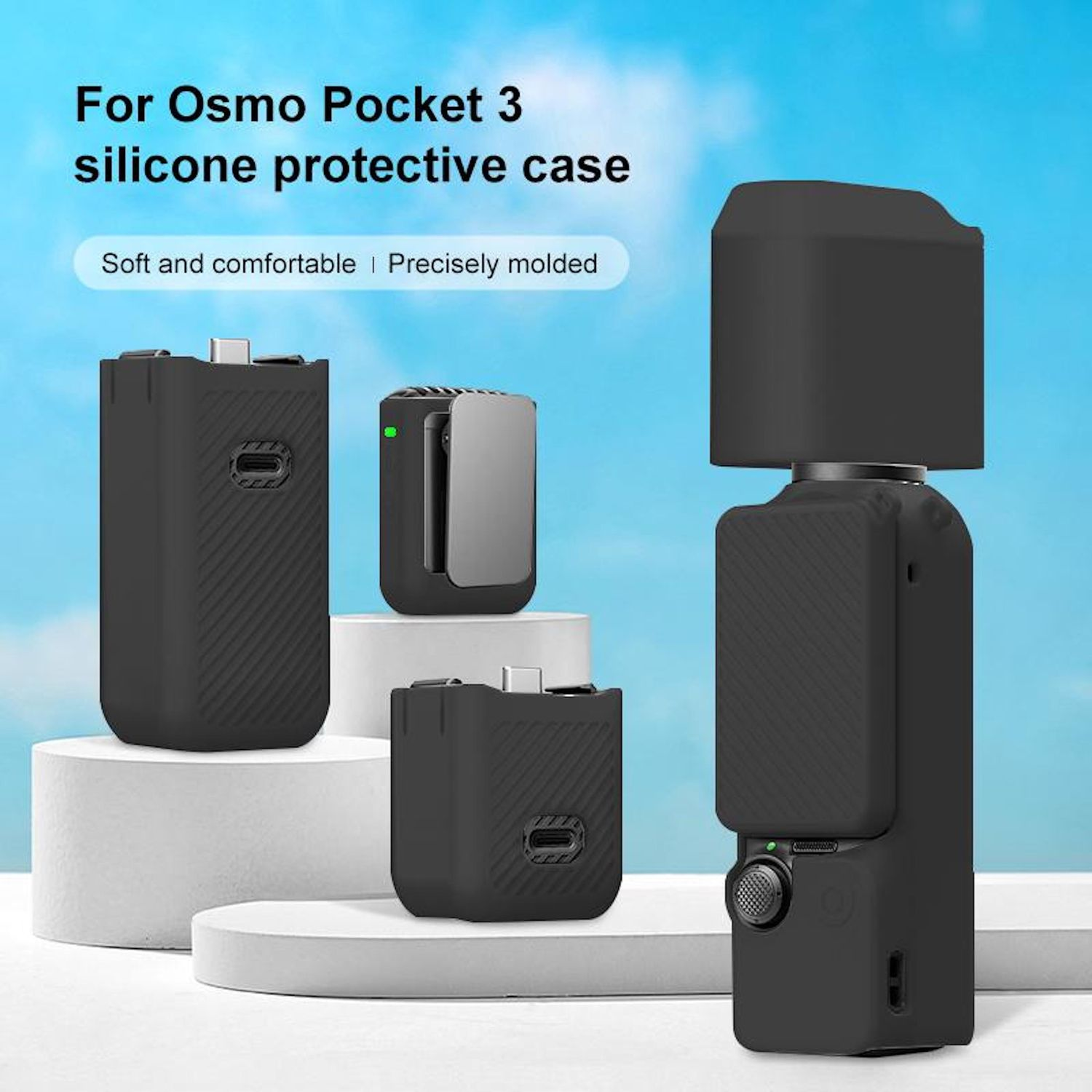 Custodie protettive in silicone nero per Osmo Pocket 3. Le custodie sono su una piattaforma bianca su sfondo blu.
