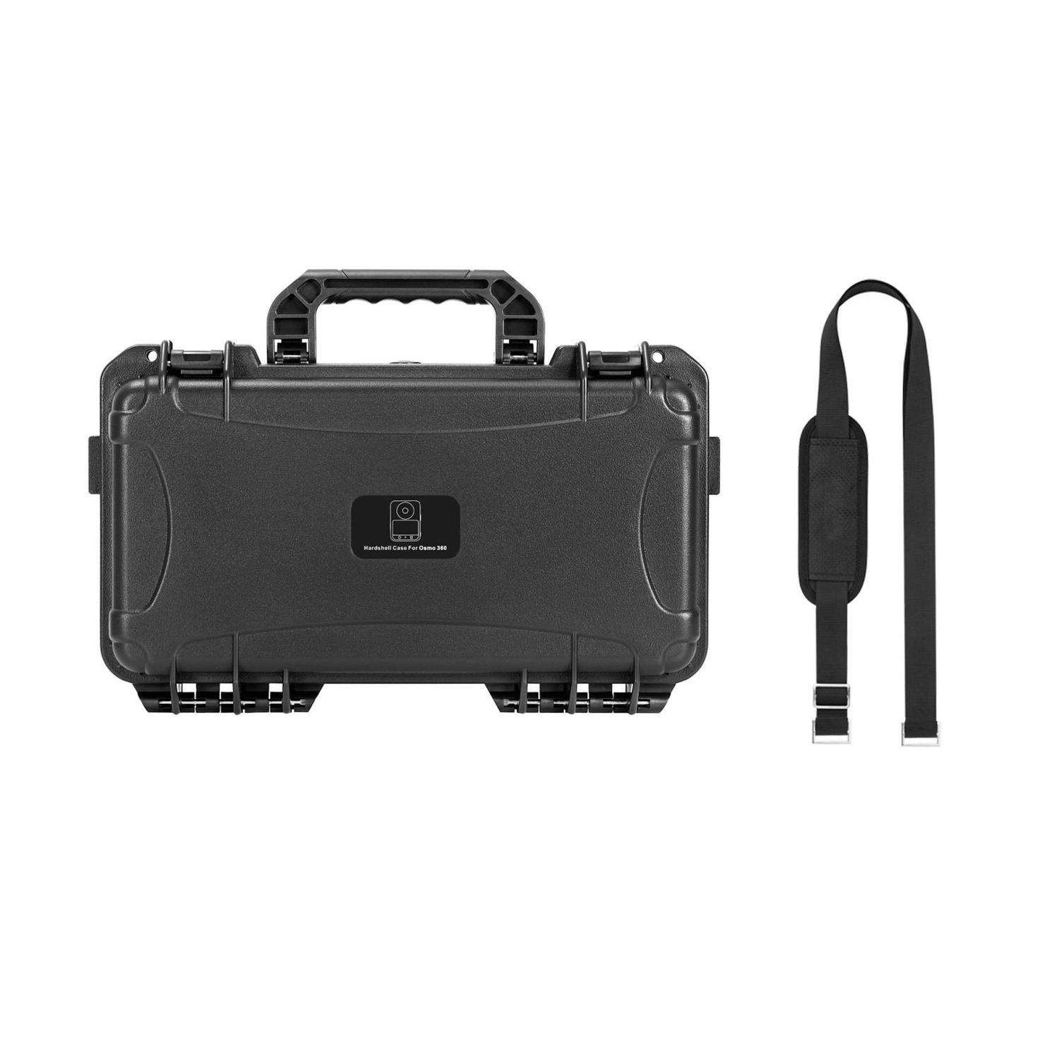 Ein schwarzer Hartschalenkoffer mit Griff und Schultergurt. Der Koffer trägt ein Etikett mit der Aufschrift 'Hardshell Case For Osmo 360'.