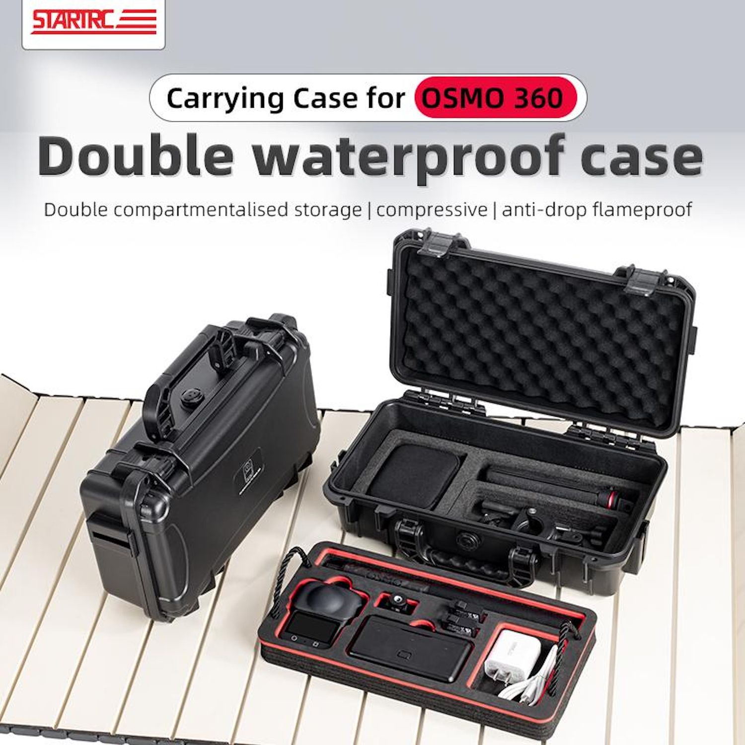 Schwarze Transportkoffer für Osmo 360, geöffnet und geschlossen. Ein offener Koffer zeigt Kamerazubehör. Text: Doppelt wasserdichtes Gehäuse.