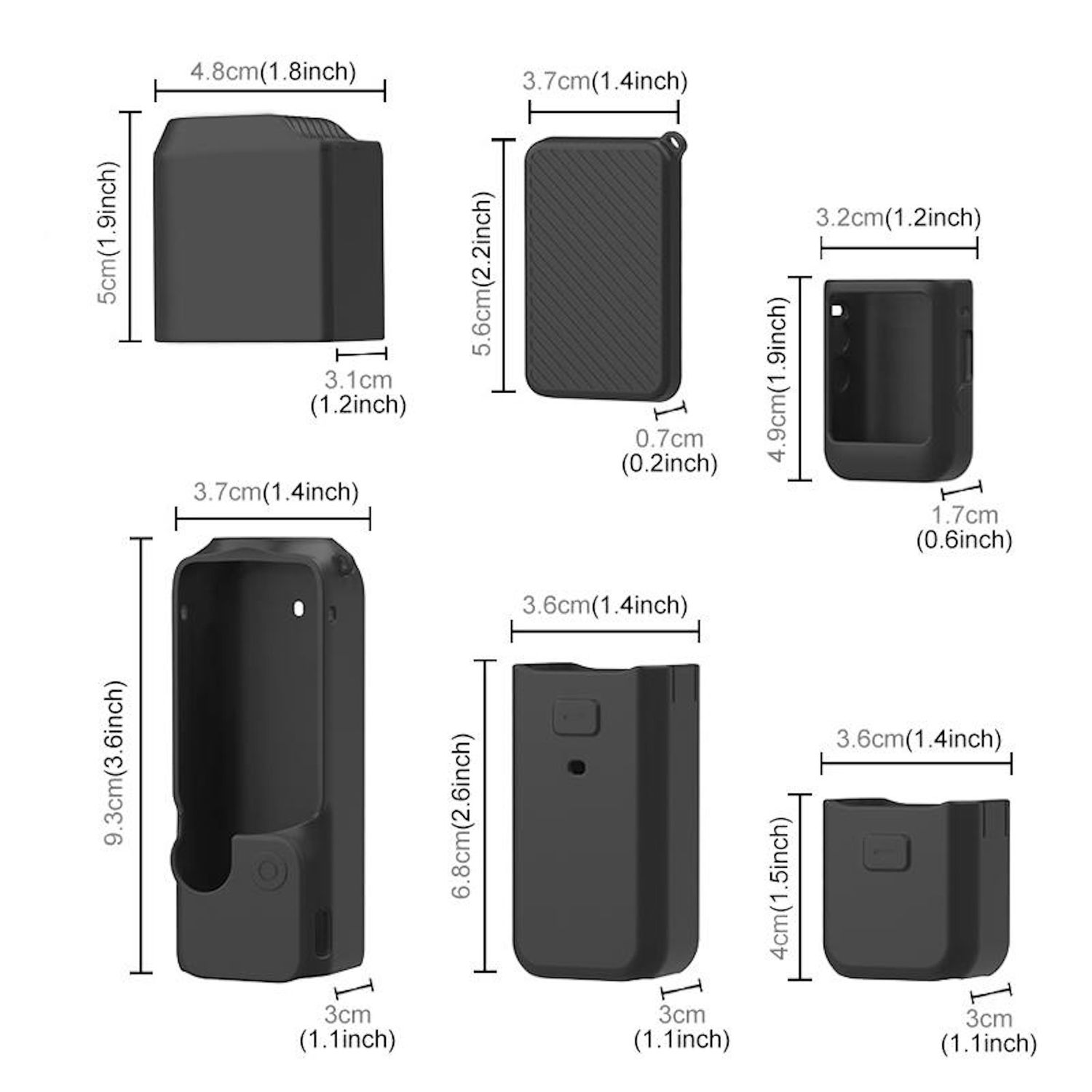 L'immagine mostra diversi oggetti rettangolari neri con dimensioni. Assomigliano ad accessori o custodie per fotocamere, con etichette che indicano le dimensioni in cm e pollici.