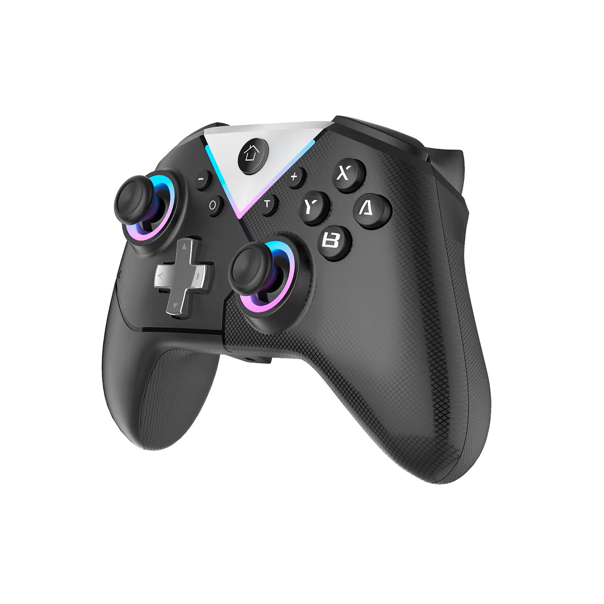 Schwarzer Gamecontroller mit bunten Lichtern um die Joysticks und Knöpfe. Der Hintergrund ist weiß.