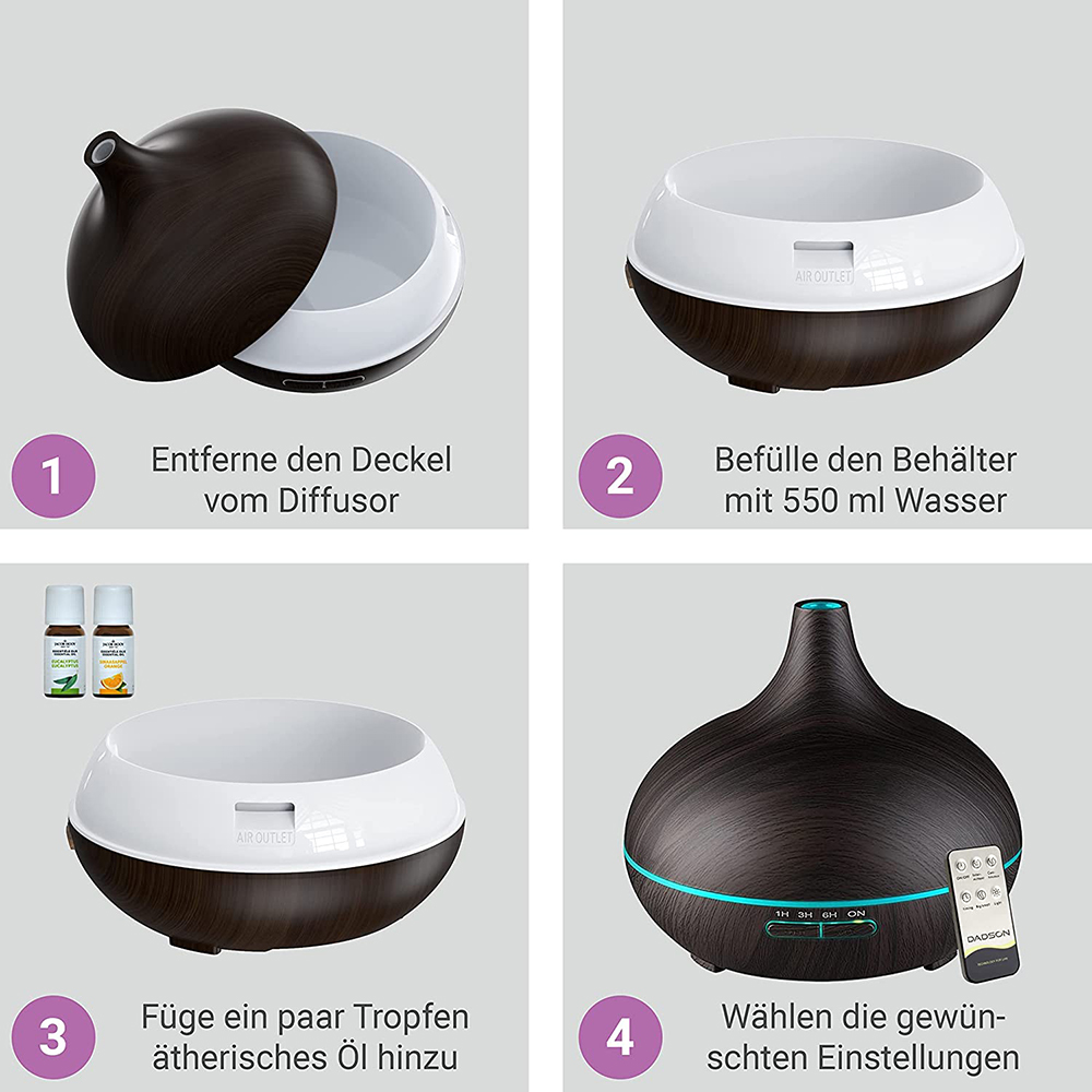 Vier-Schritte-Anleitung zur Verwendung eines Öldiffusors: Deckel entfernen, mit Wasser füllen, Öl hinzufügen und Einstellungen auswählen.