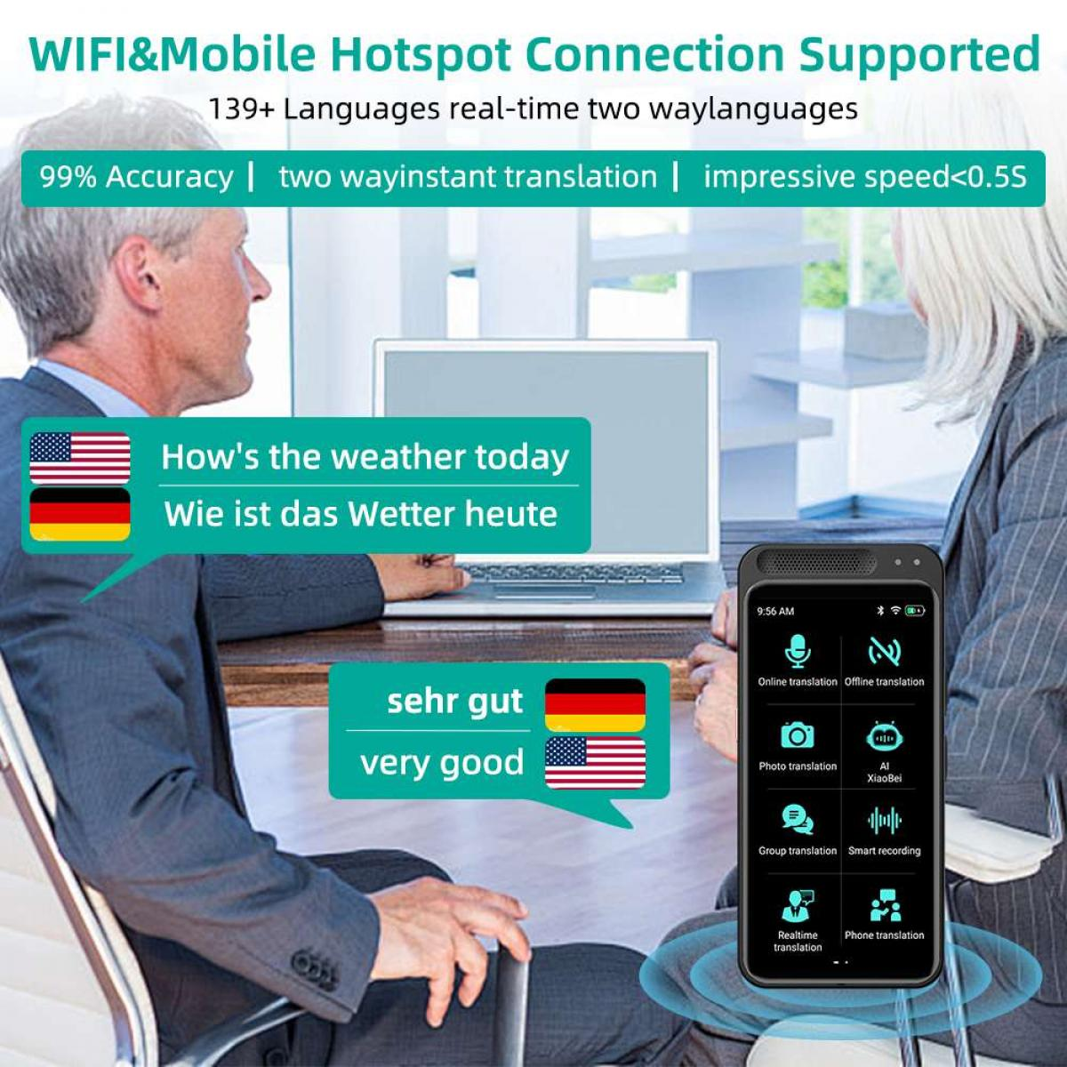 Ein Mann und eine Frau interagieren mit einem Gerät. Der Bildschirm zeigt eine Übersetzungs-App und hat amerikanische und deutsche Flaggen.