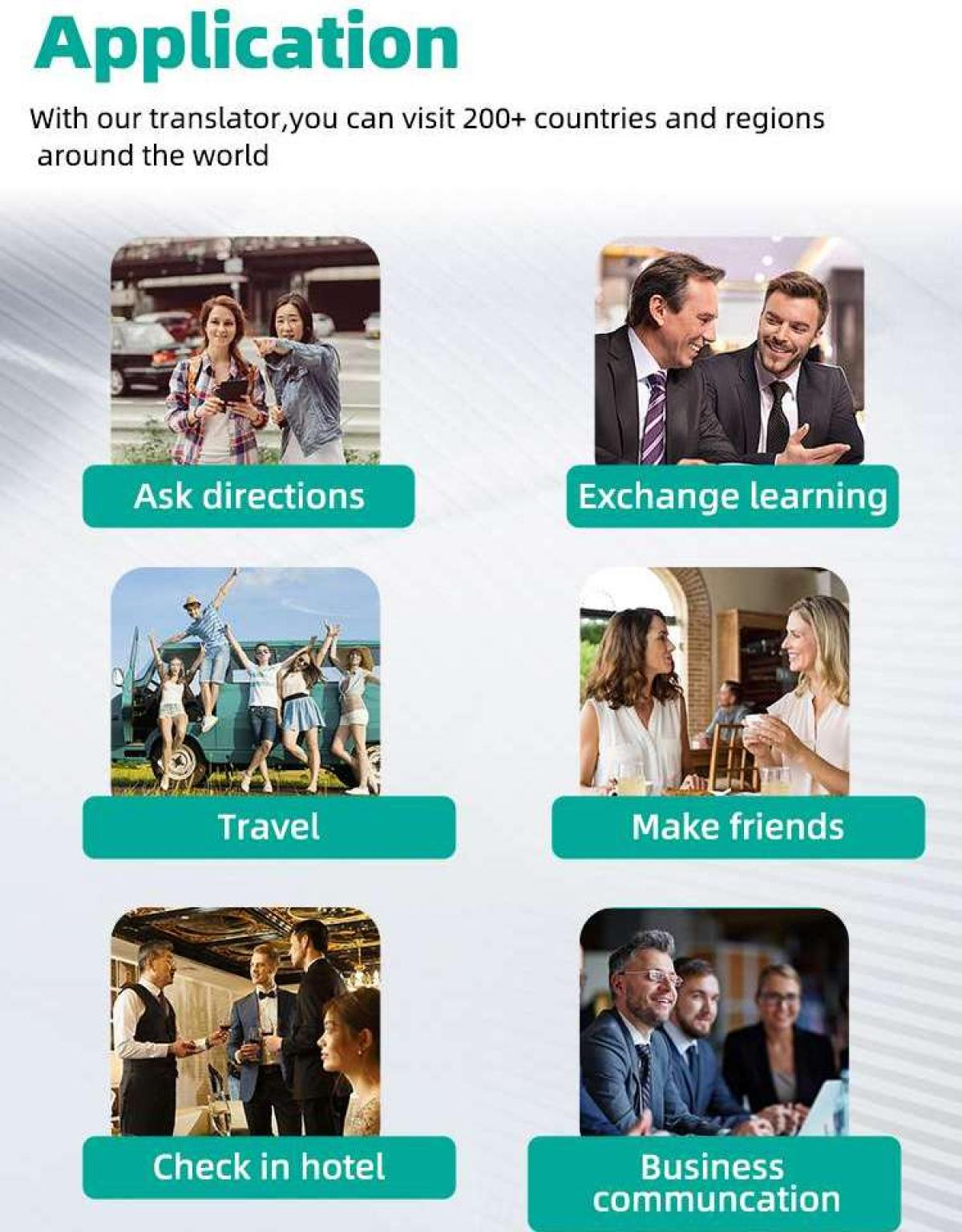 Das Bild zeigt App-Funktionen: Wegbeschreibung, Lerntausch, Reisen, Freunde finden, Check-in im Hotel, Geschäftskommunikation.