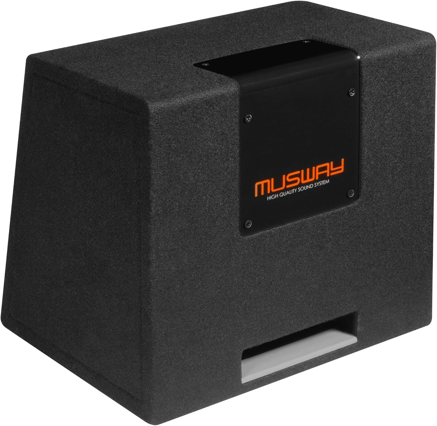 Schwarzer Subwoofer mit orangefarbenem 'MUSWAY'-Logo. Er hat eine rechteckige Form mit einem eingelassenen Bereich und einer weißen Öffnung.
