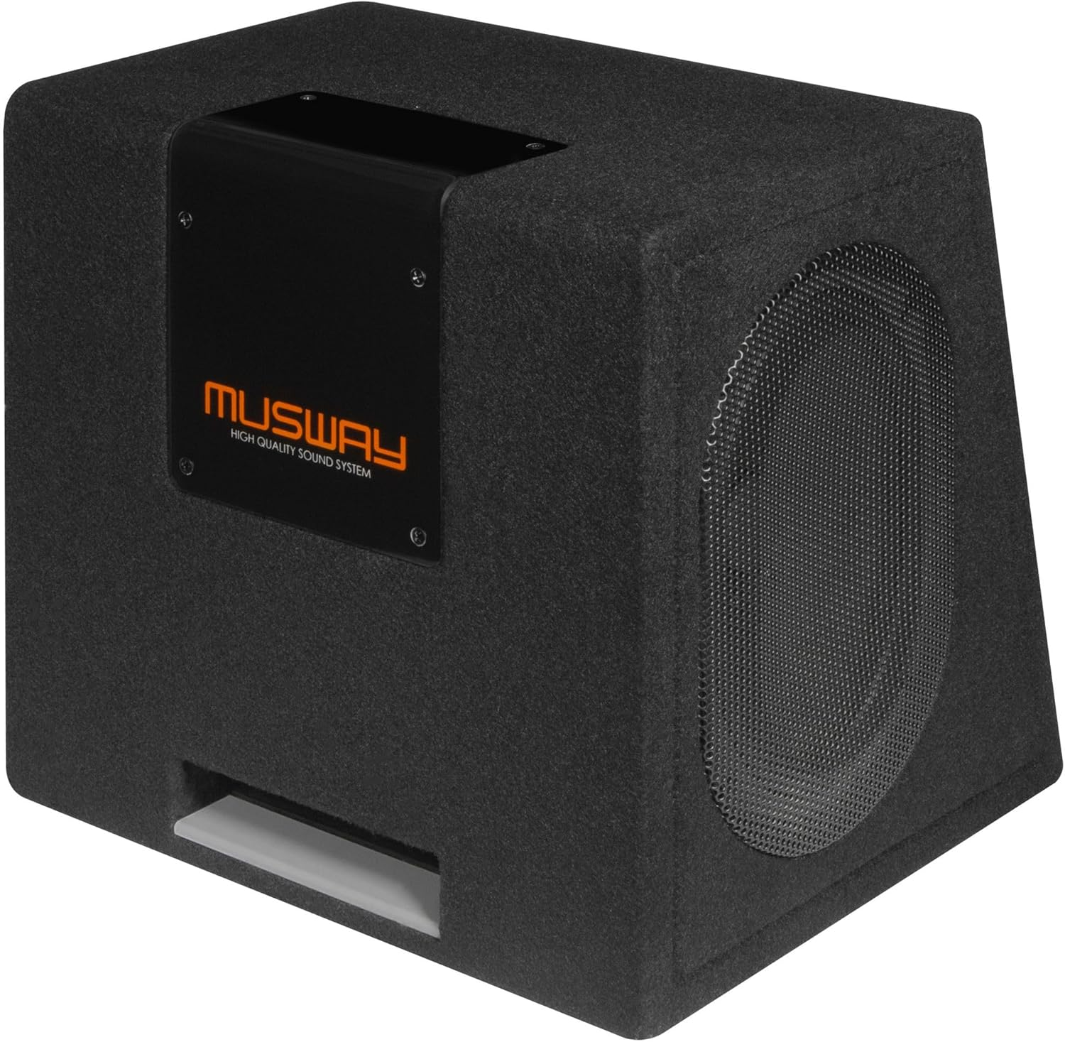 Schwarzer Subwoofer-Lautsprecher mit einem Mesh-Gitter. Auf der Frontplatte befindet sich das Musway-Logo in Orange. Der Lautsprecher ist rechteckig.