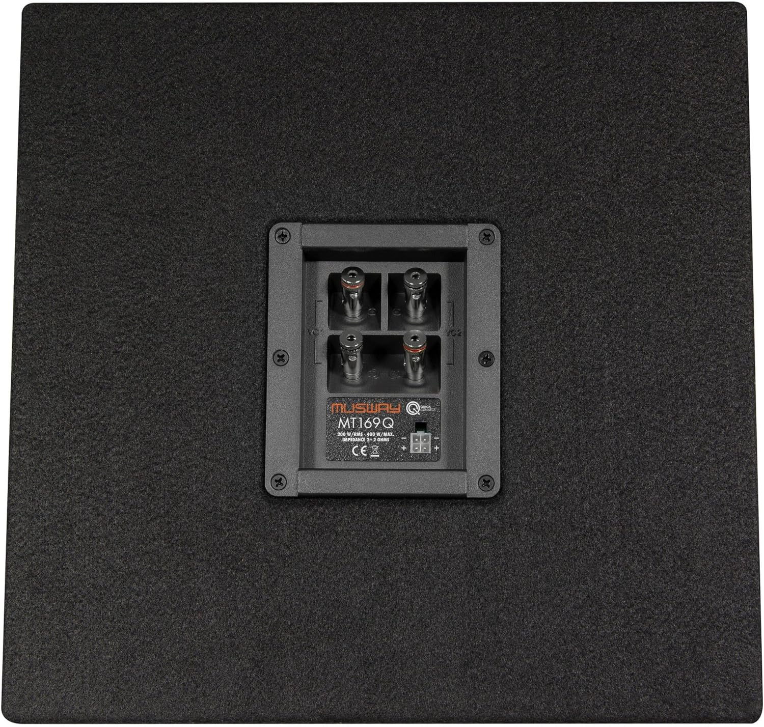 Schwarzes Lautsprecherpanel mit zentralem Panel mit Anschlussports und einem Etikett mit Modellinformationen.