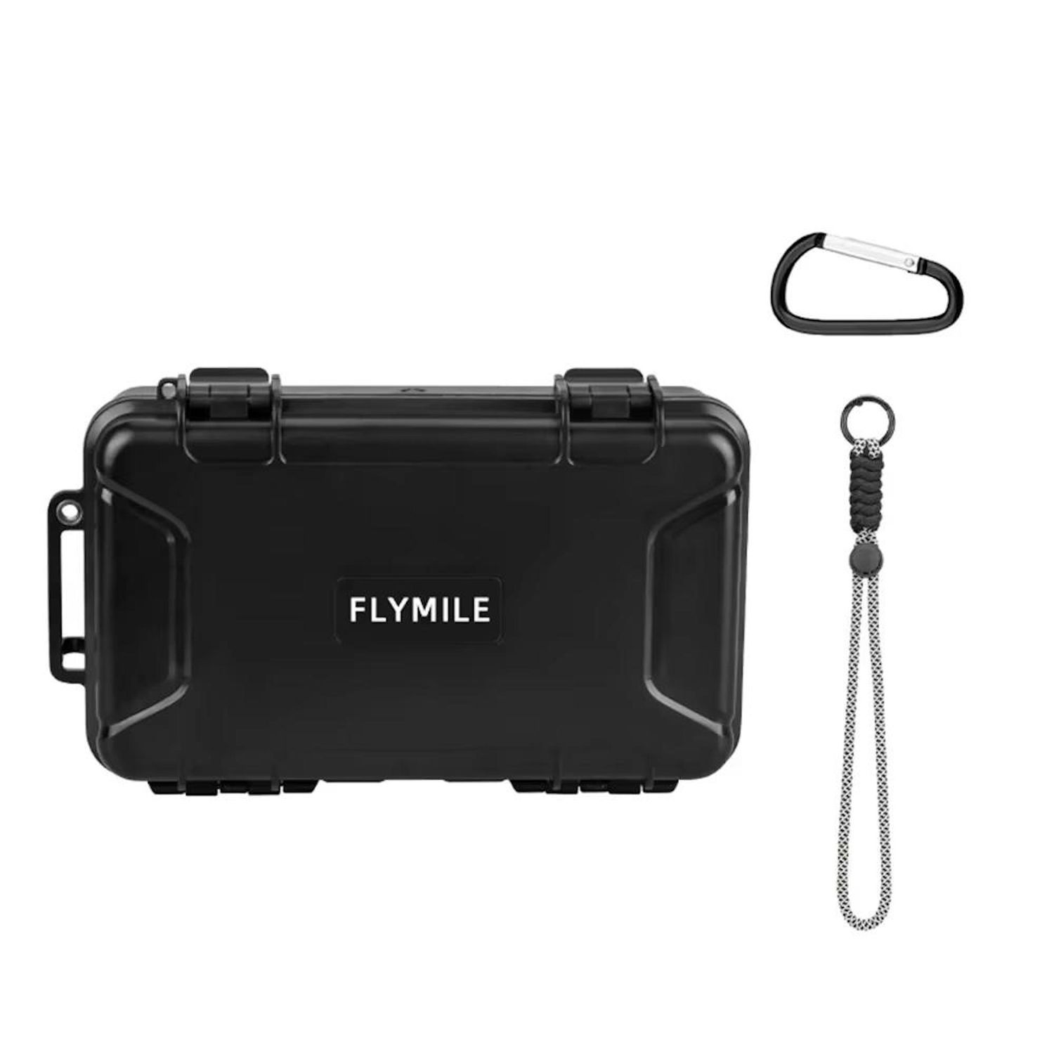 Schwarzer FLYMILE-Koffer mit Karabiner und einem Schlüsselband mit schwarz-weißem Riemen auf weißem Hintergrund.