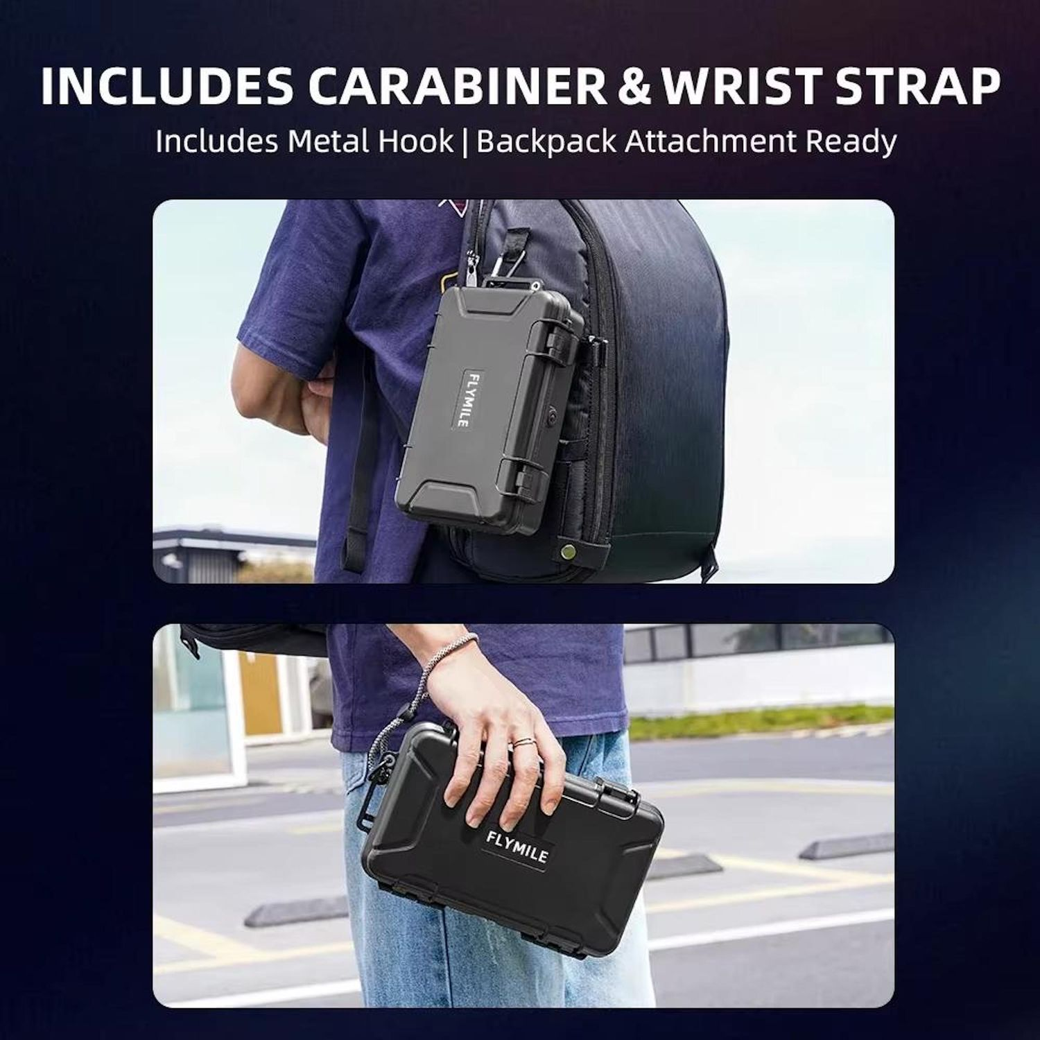 Eine Person hält eine schwarze Flymile-Hülle. Eine andere Hülle ist an einem Rucksack befestigt. Das Bild zeigt Karabiner- und Handschlaufeneigenschaften.