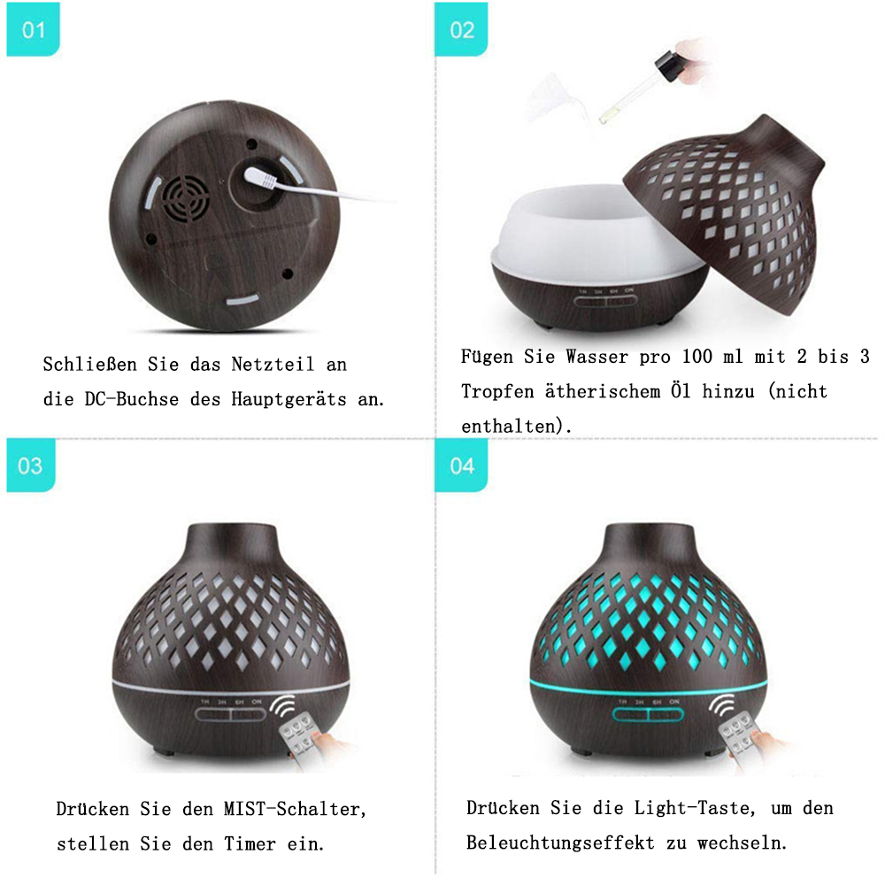 Anweisungen für einen Diffusor: Stromanschluss, Wasser- und Ölzufuhr, Einstellung von Nebel und Licht.
