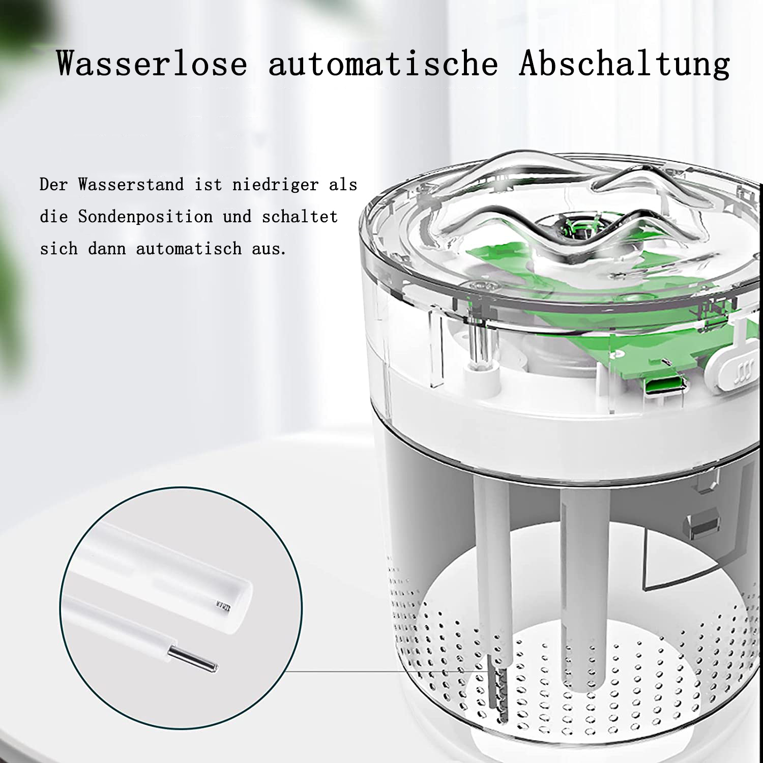 Ein klarer Wasserspender mit einem weißen, röhrenförmigen Sensor. Text auf Deutsch erklärt die automatische Abschaltung.