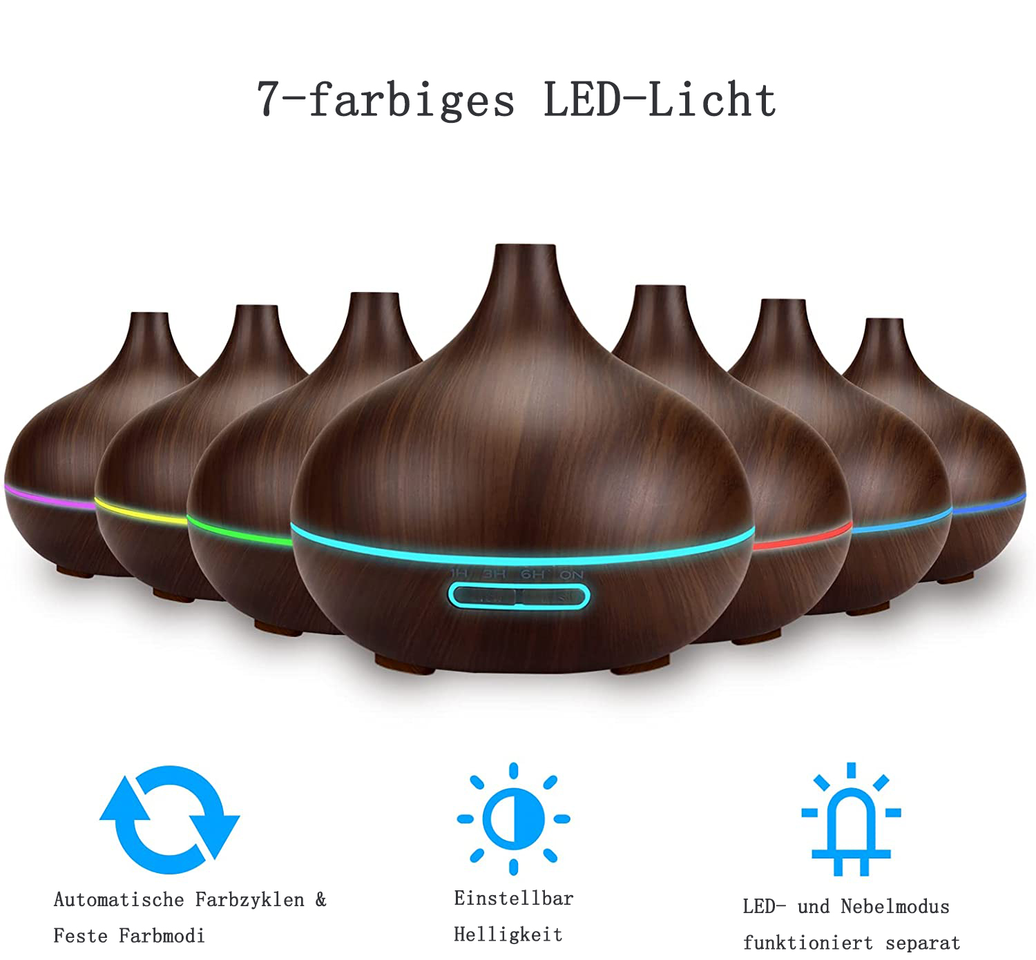 Sieben dunkelbraune Diffusoren mit bunten Lichtern. Text oben lautet 7-farbiges LED-Licht. Symbole unten zeigen Funktionen wie Farbzyklen und Helligkeit.