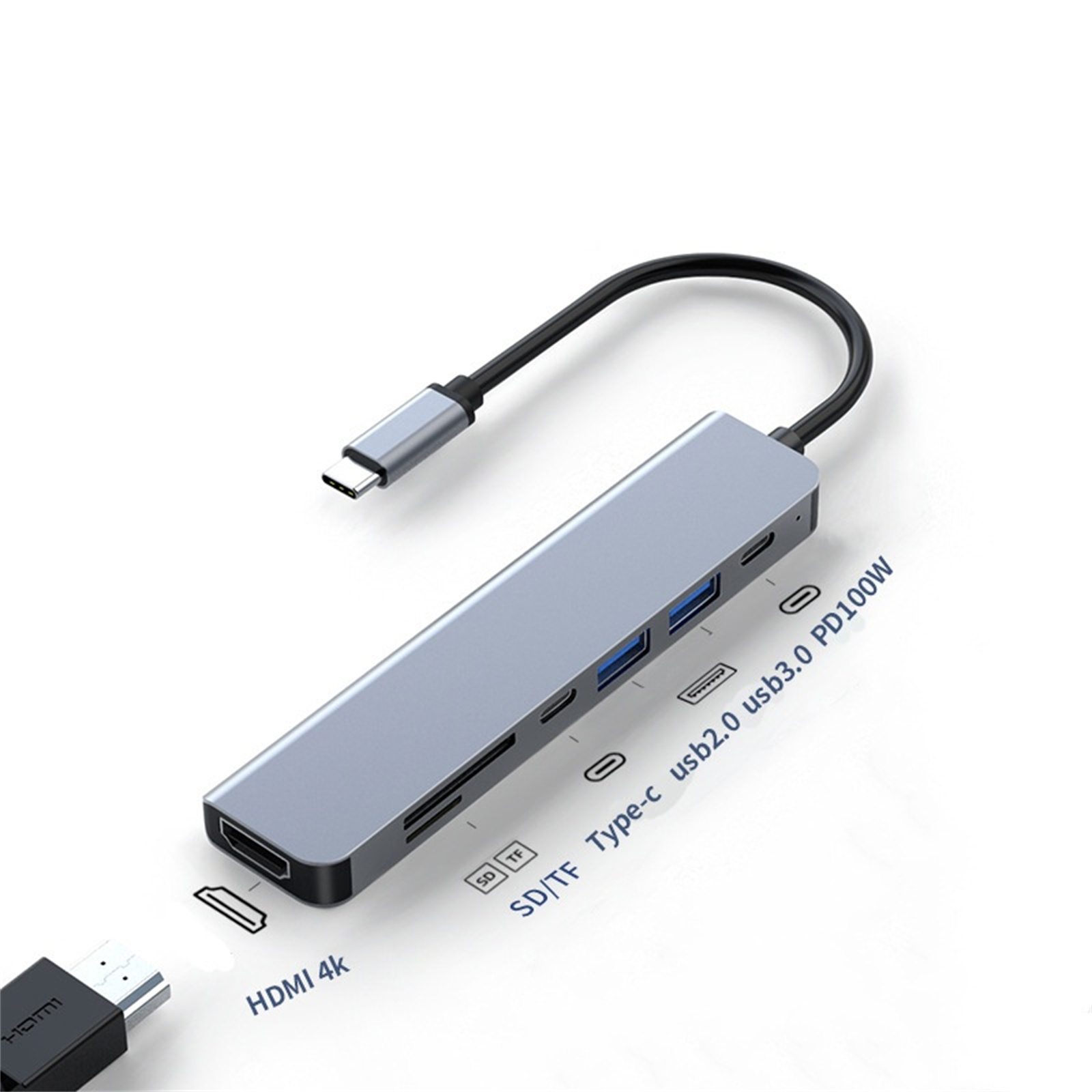 Ein grauer USB-C-Hub mit mehreren Anschlüssen, einschließlich HDMI, USB und SD-Kartensteckplätzen, mit einem schwarzen Kabel.