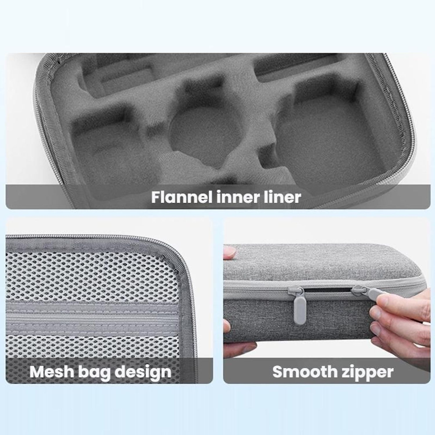 Ein graues Gehäuse mit einer Netztasche, einem Flanell-Innenfutter und einem glatten Reißverschluss. Das Gehäuse wird von einer Hand geöffnet.