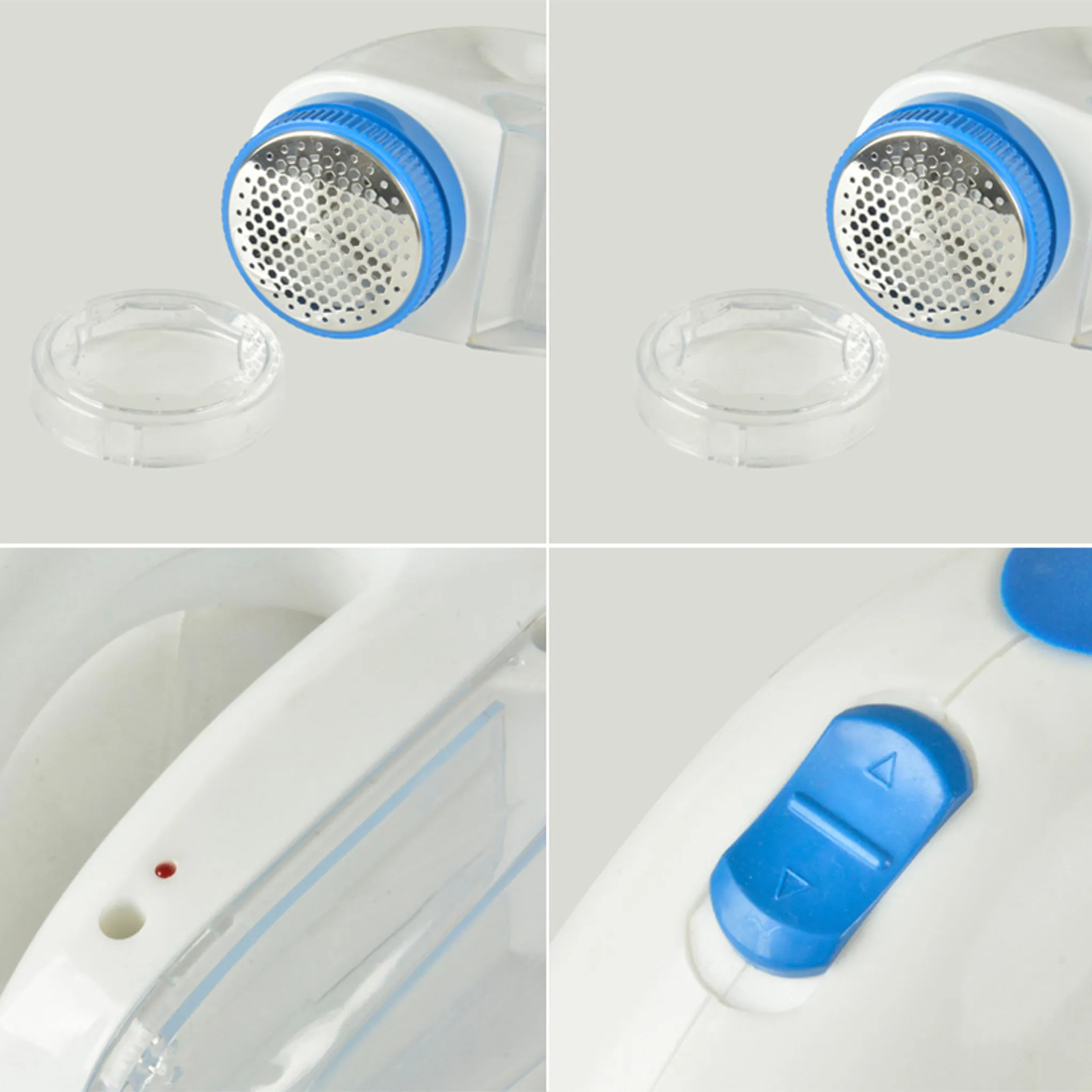 Weiß-blauer Stoffrasierer. Zu den Teilen gehören ein Kopf mit Metallgitter, ein transparenter Behälter und ein blauer Knopf.