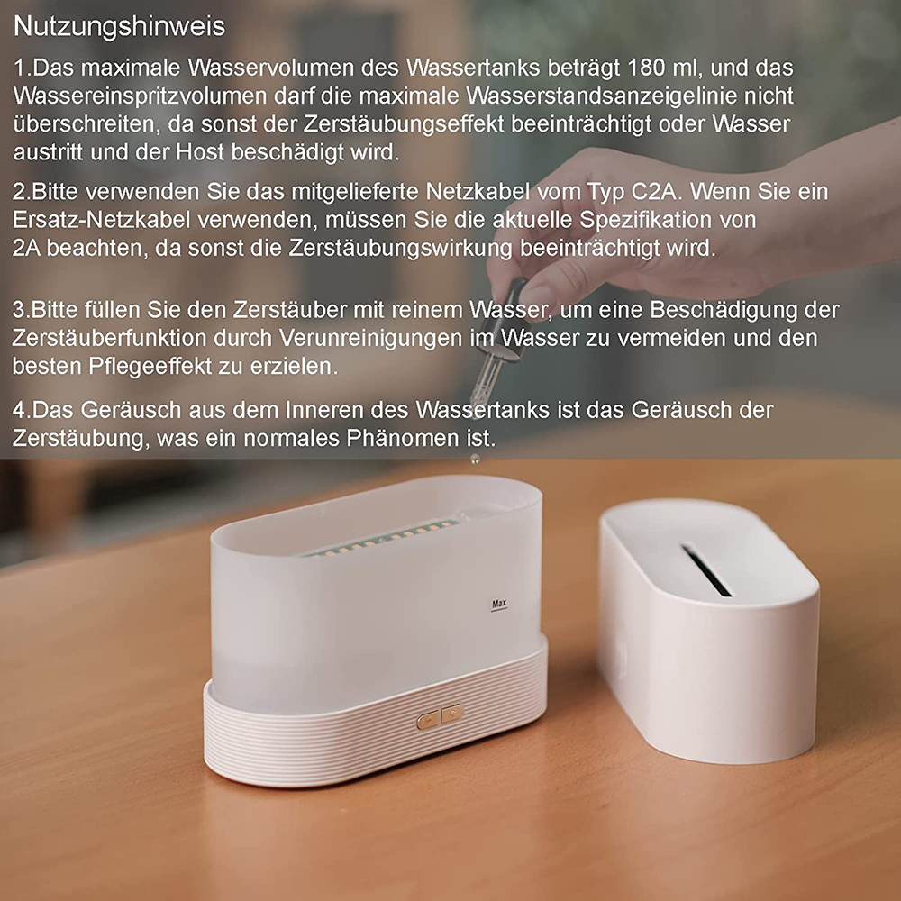 Zwei weiße Luftbefeuchter auf Holzoberfläche. Einer leuchtet, mit 'Max' beschriftet. Anweisungen oben.