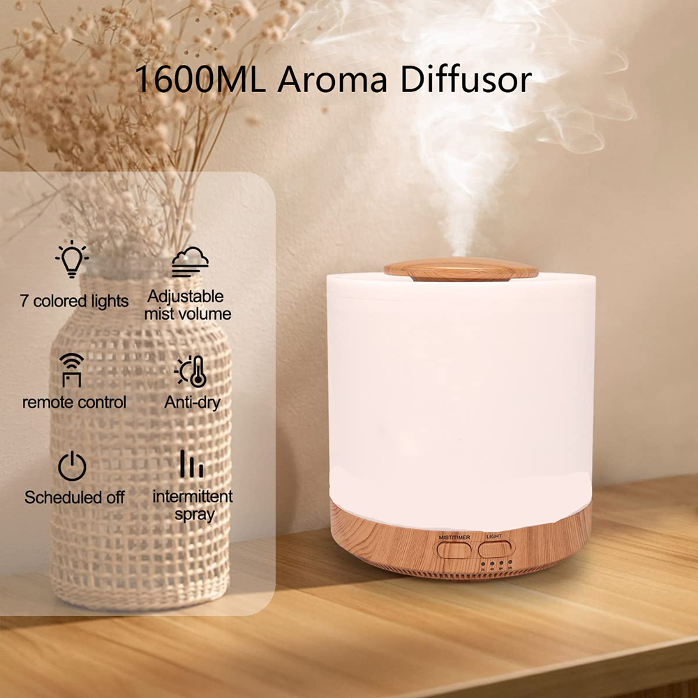 Ein Aroma-Diffusor mit Holzsockel, der Nebel abgibt. Zu den Merkmalen gehören 7 farbige Lichter, einstellbarer Nebel, Fernbedienung und Abschaltautomatik.