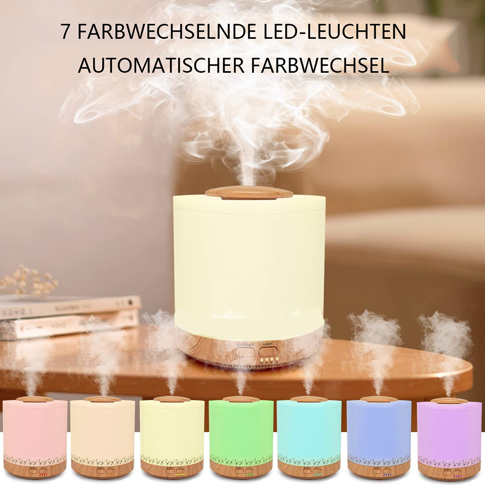 Ein beleuchteter Luftbefeuchter mit sieben farbwechselnden LEDs. Er hat einen Holzsockel und -deckel. Sieben kleinere Einheiten darunter.