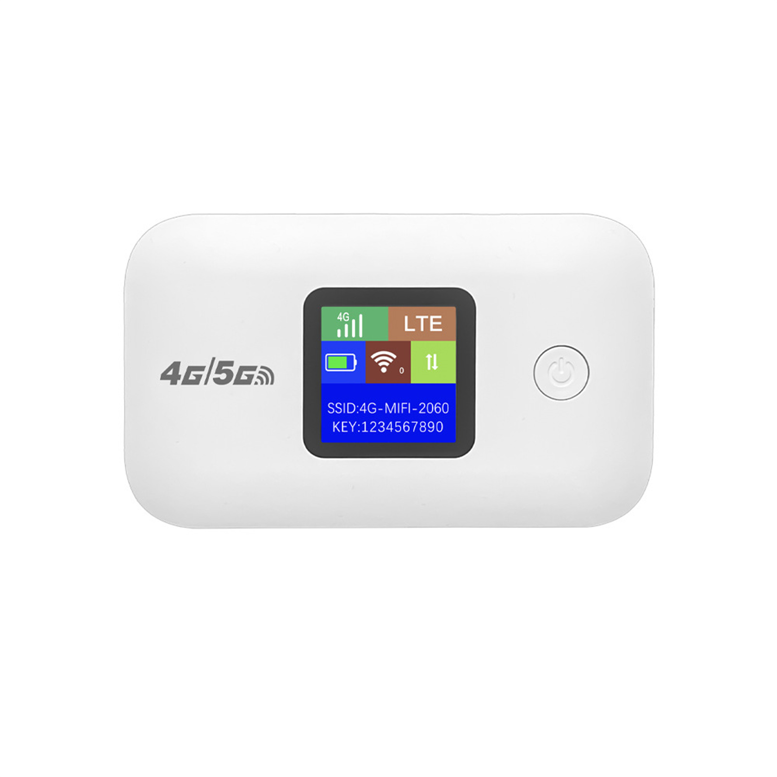 Weißes 4G/5G-WLAN-Gerät mit Bildschirm, der Signal, Akku und Netzwerkinformationen anzeigt. Ein/Aus-Taste.
